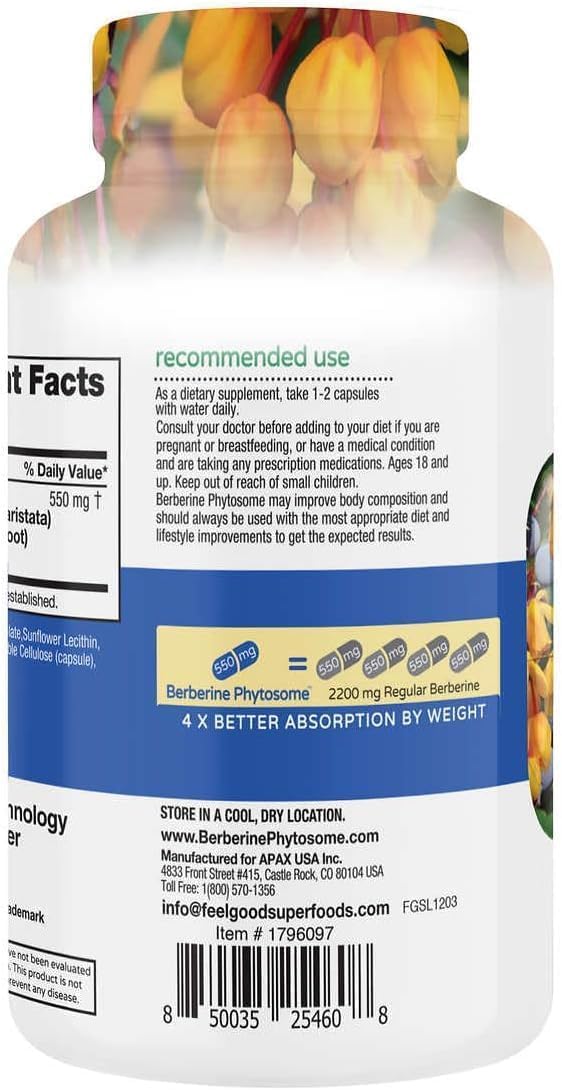 Capsules Feel Good Superfoods Berberine Phytosome faciles à avaler pour votre routine.