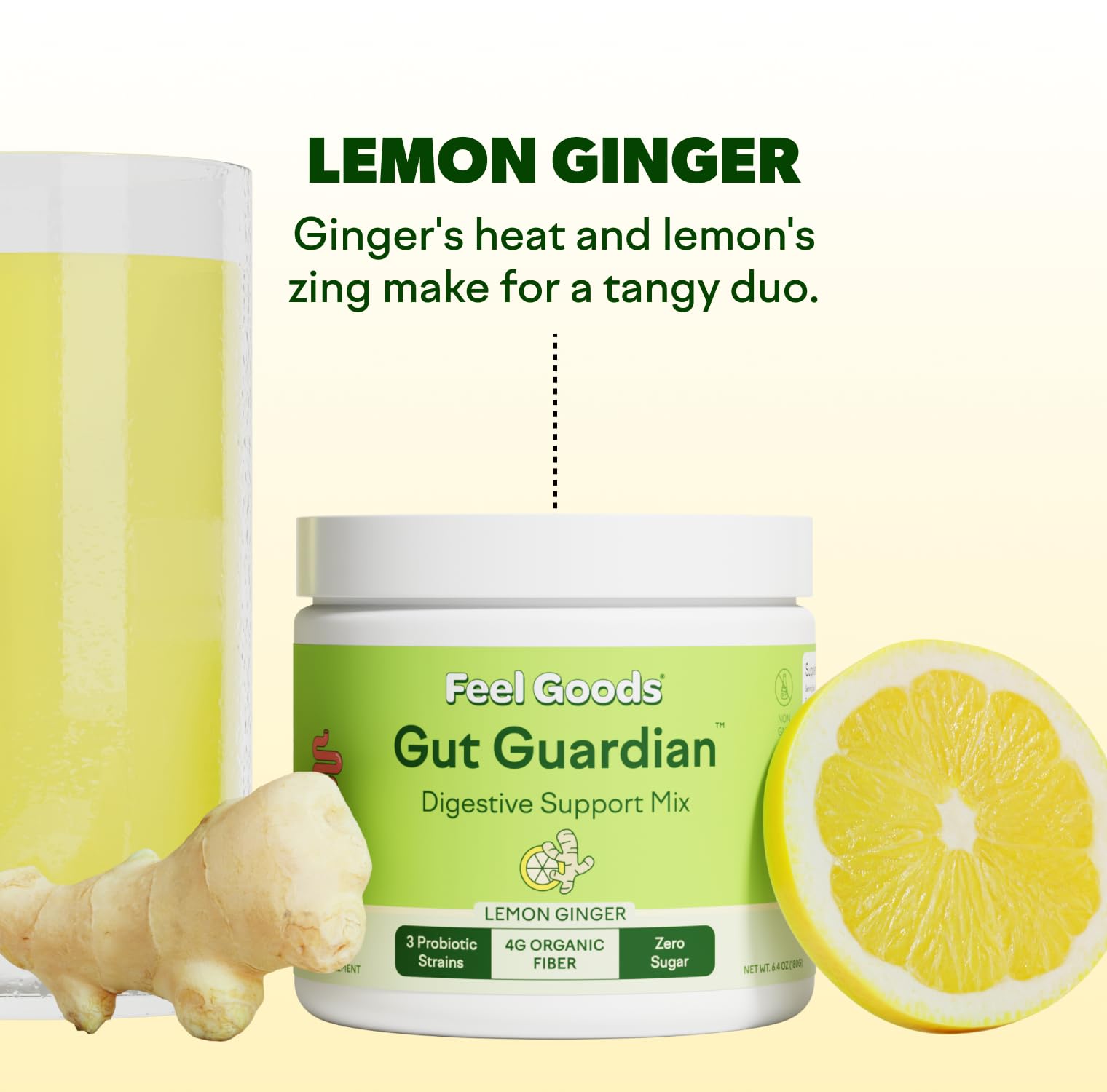 Feel Goods Gut Guardian: emballage clair et formule sans sucre pour une utilisation quotidienne