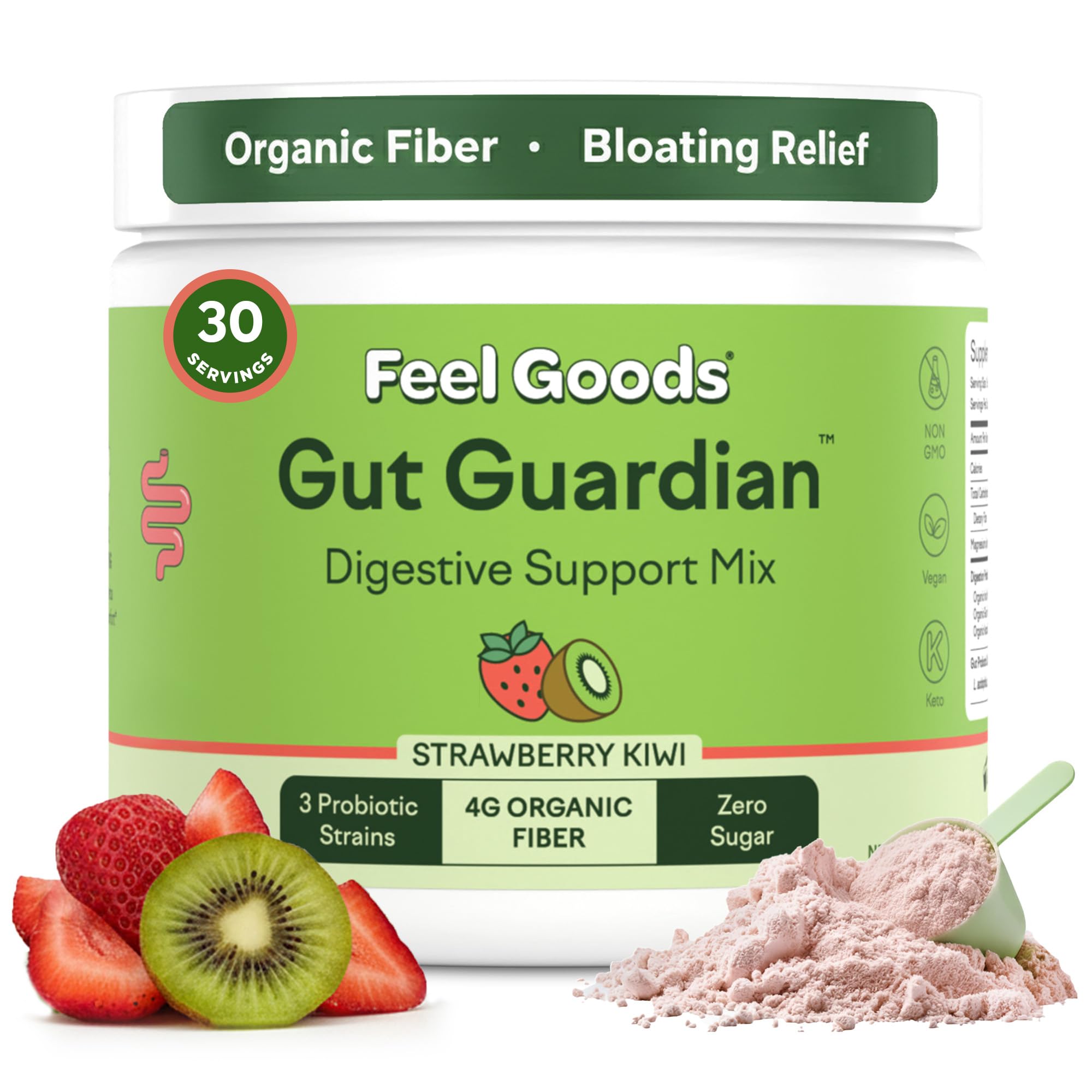 Gut Guardian Feel Goods en poudre fraise kiwi pour soutien digestif et confort intestinal.