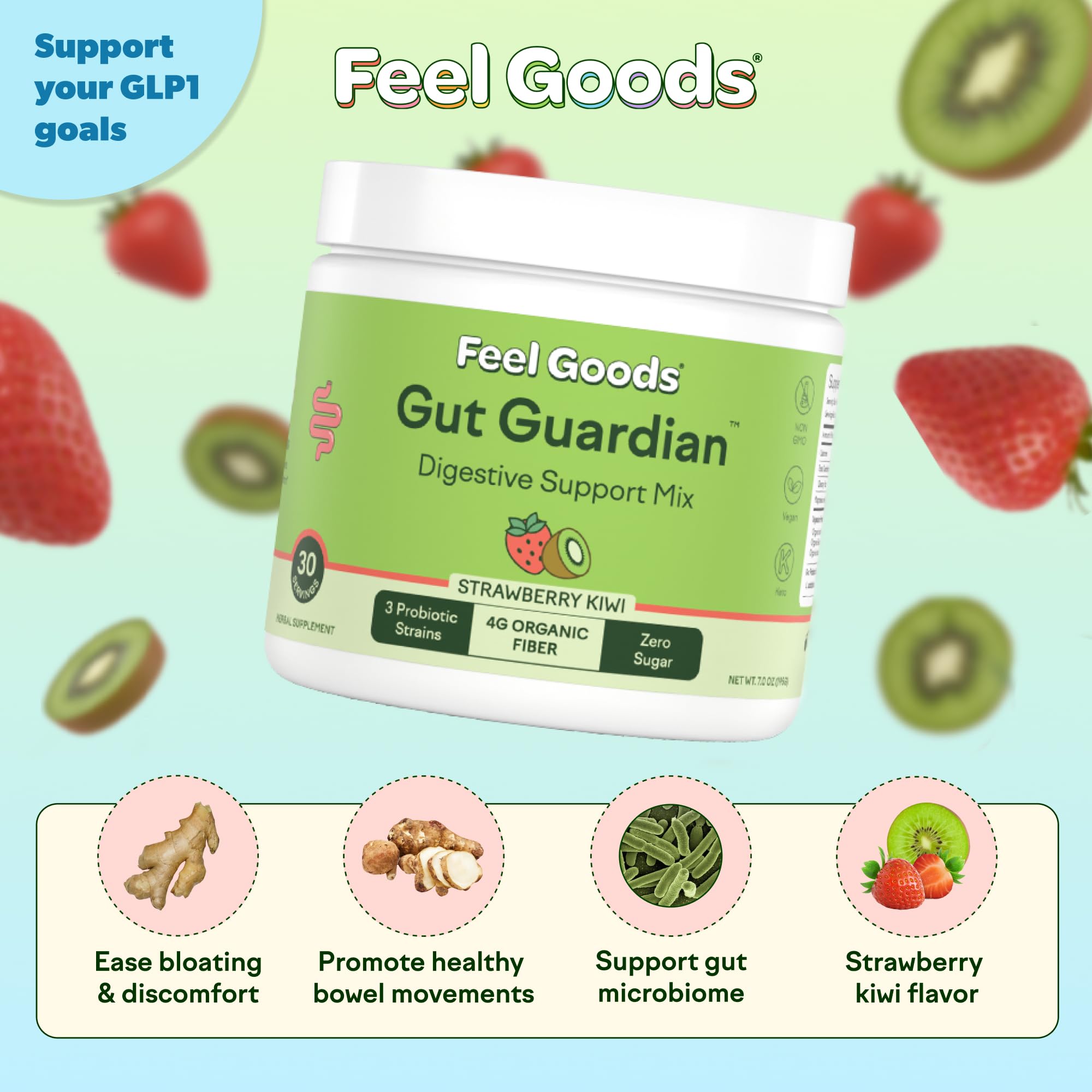 Gut Guardian Feel Goods dans un verre d'eau, mélange rapide pour faciliter la digestion.