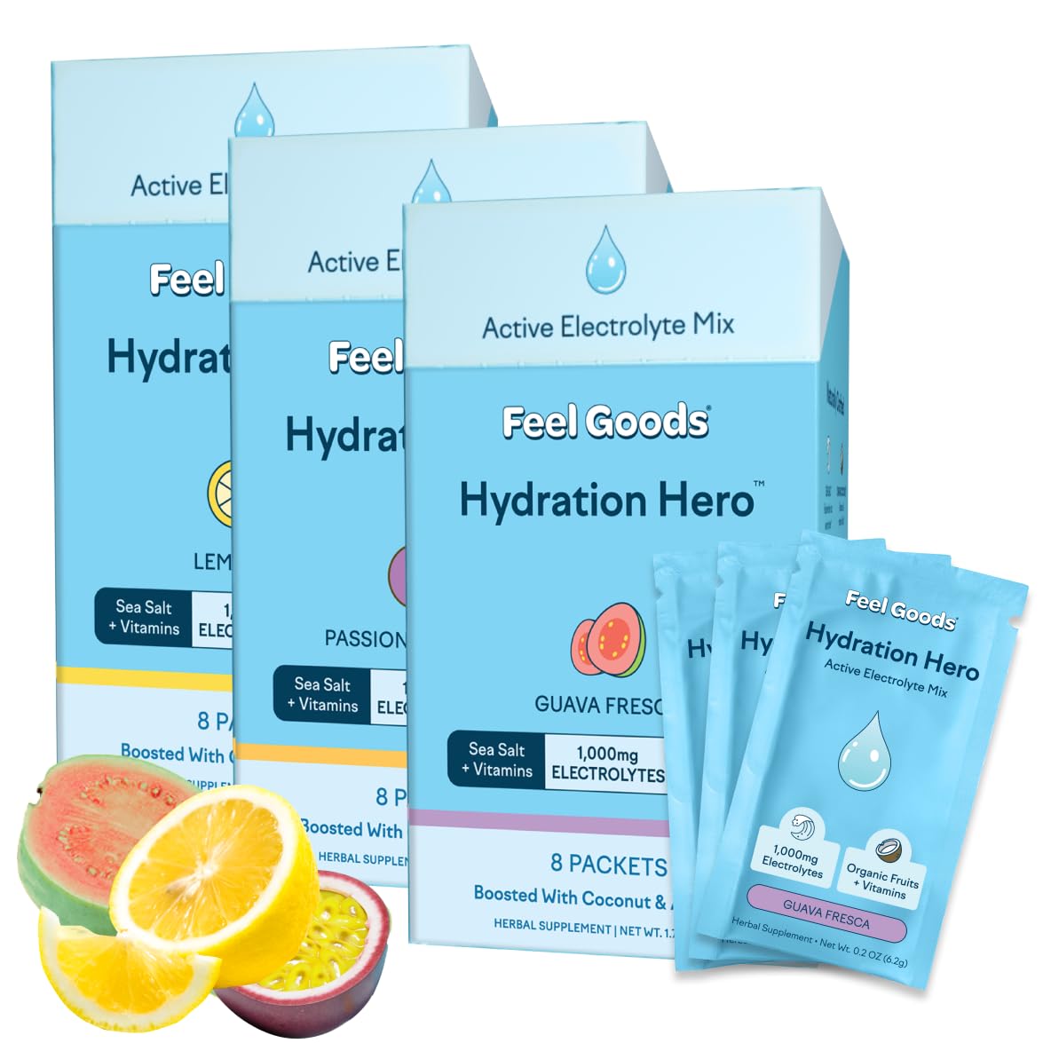 Versement d'un sachet Feel Goods Hydration Hero pour hydrater rapidement.