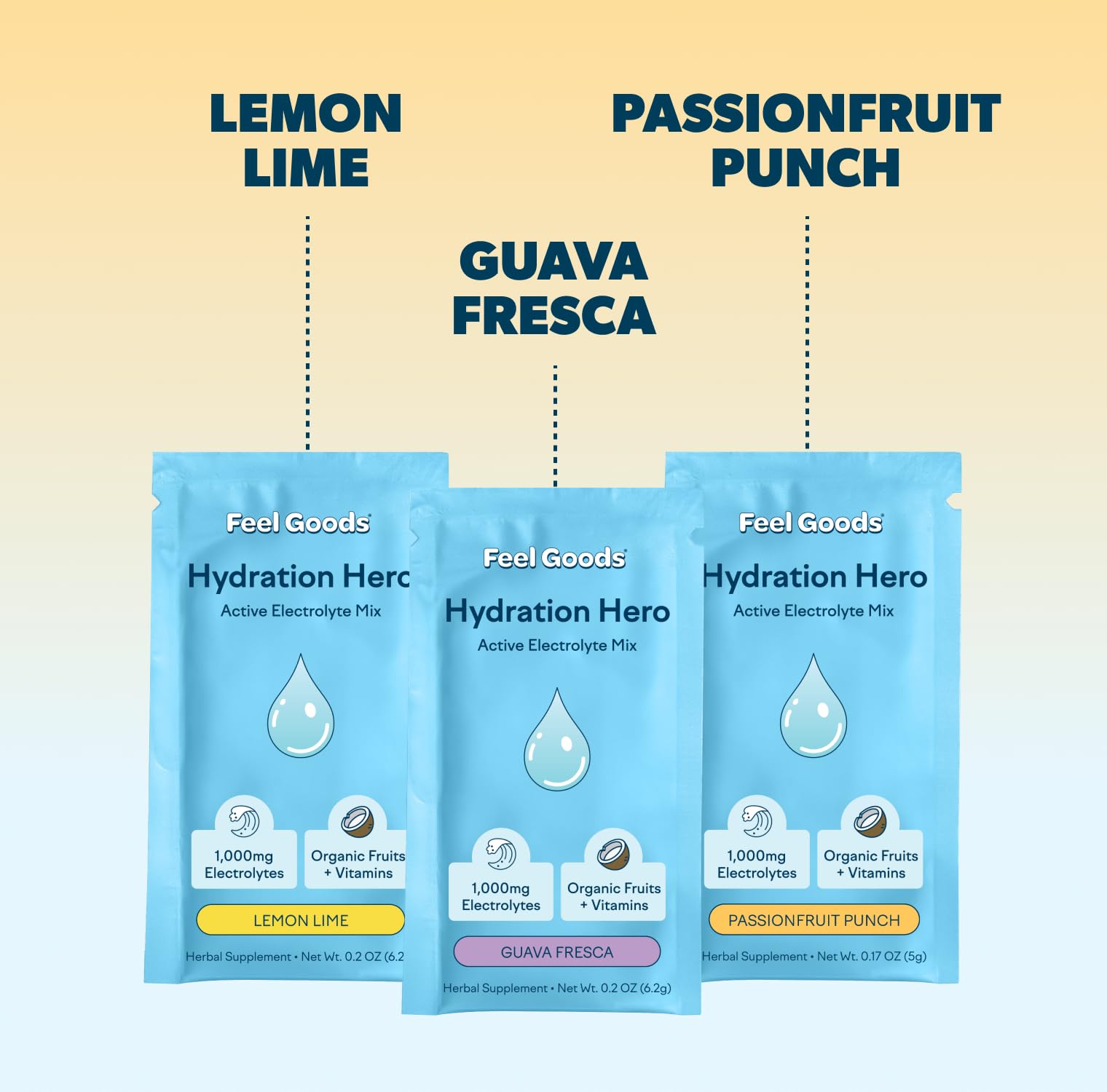 Sachets individuels Feel Goods Hydration Hero, pratiques à emporter.