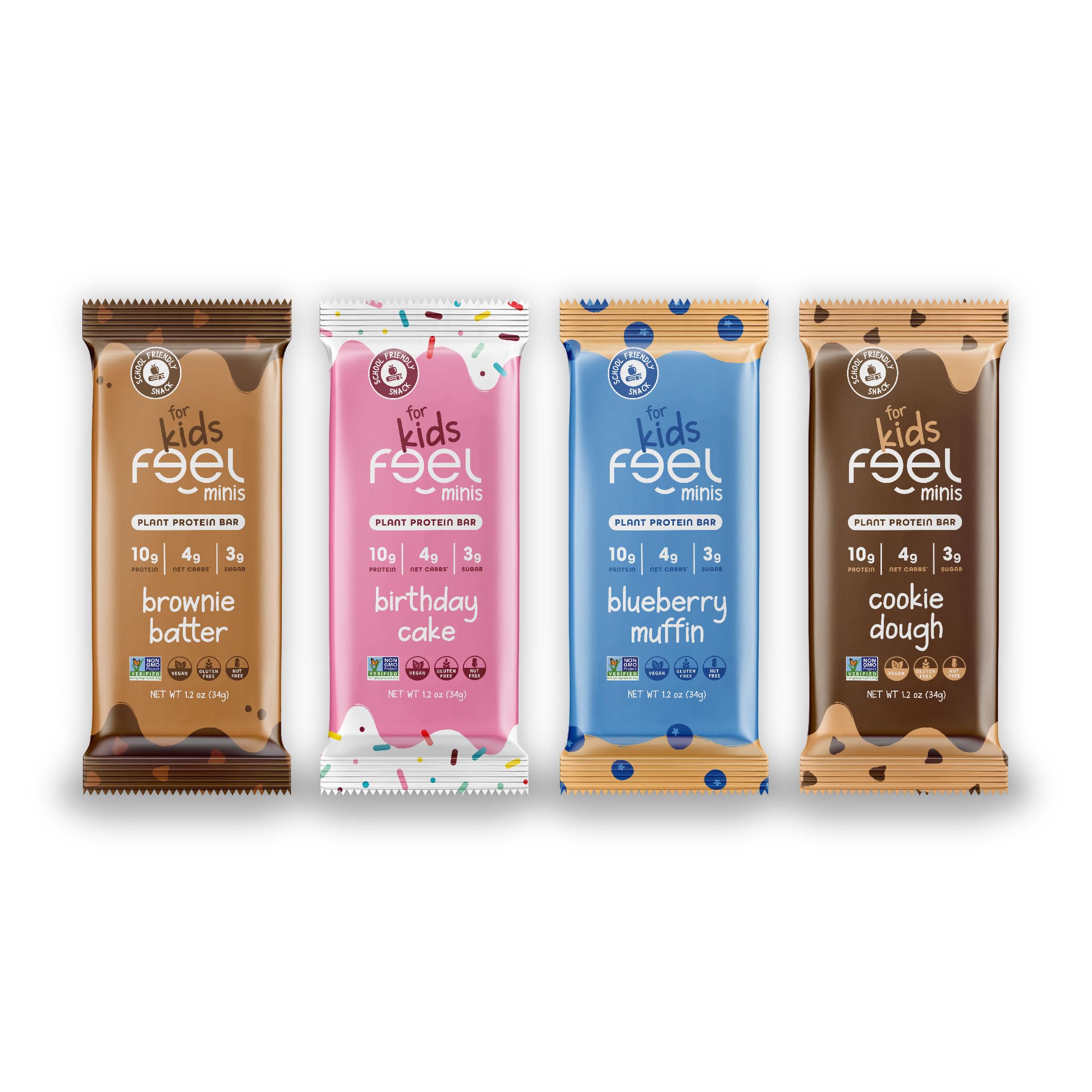 FEEL Kids Protein Bars Minis: emballage frontal, collation pratique et riche en protéines pour enfants.