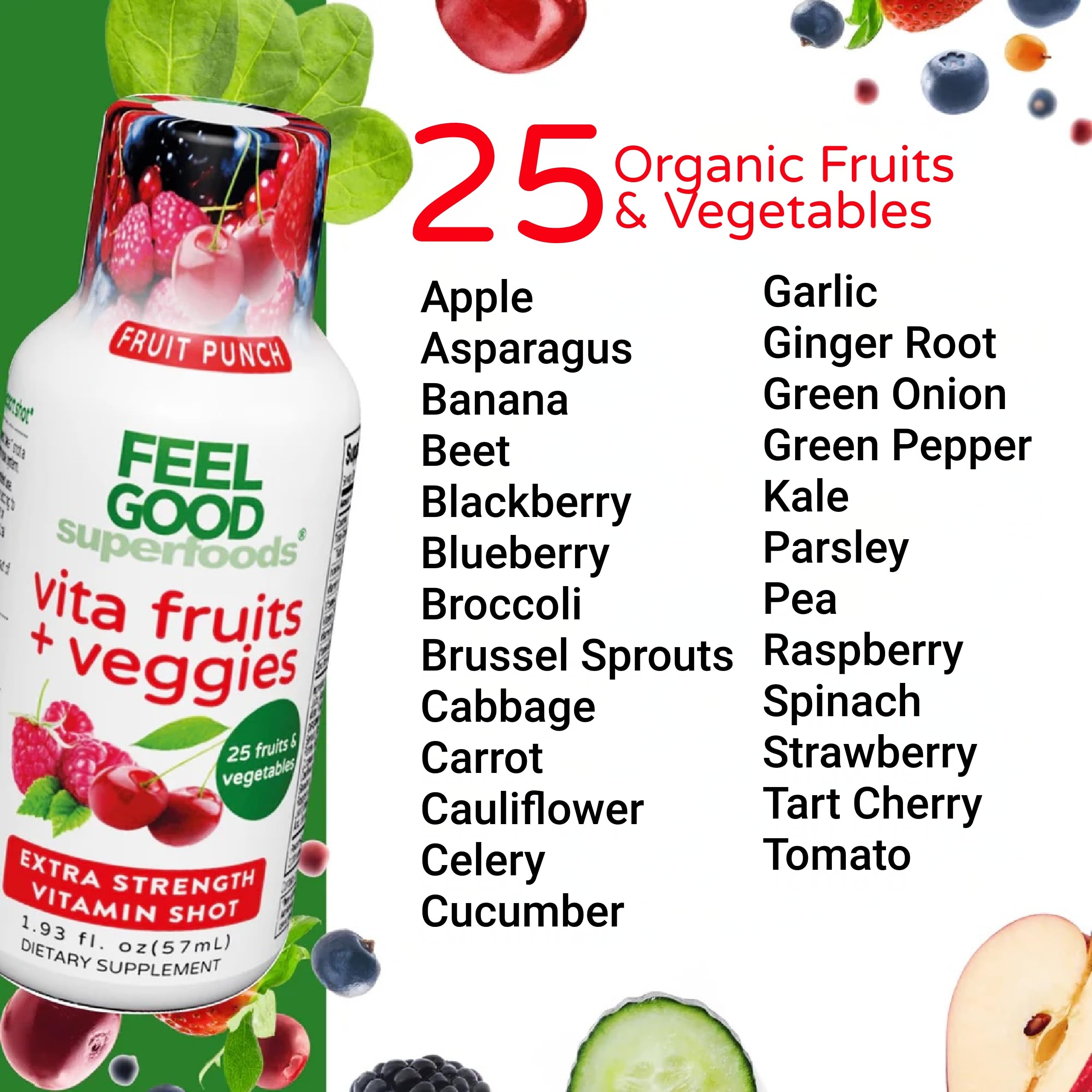 Ingrédients biologiques FeelGood Superfoods présents dans chaque shot.