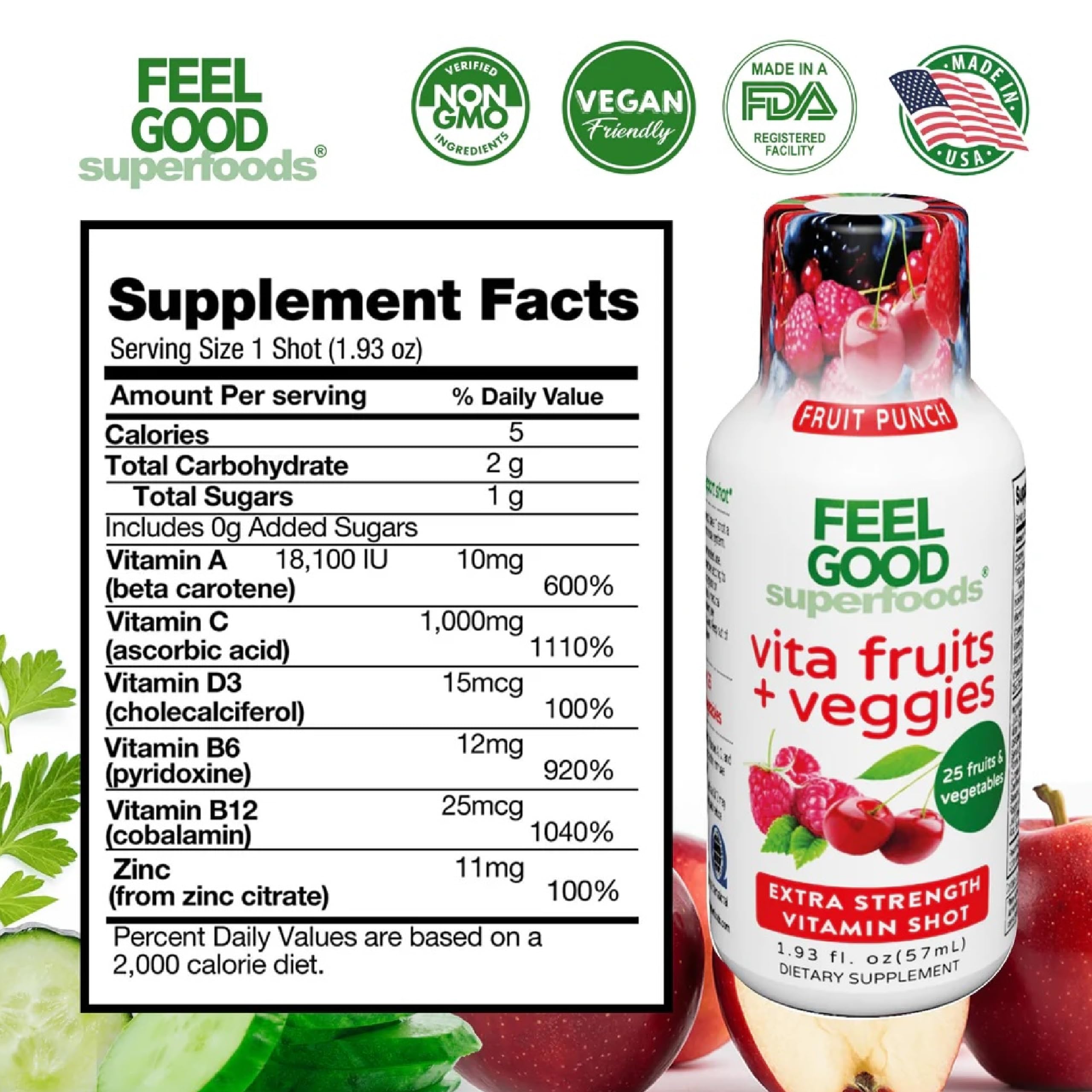Shot FeelGood Superfoods saveur fruits et agrumes, goût rafraîchissant.