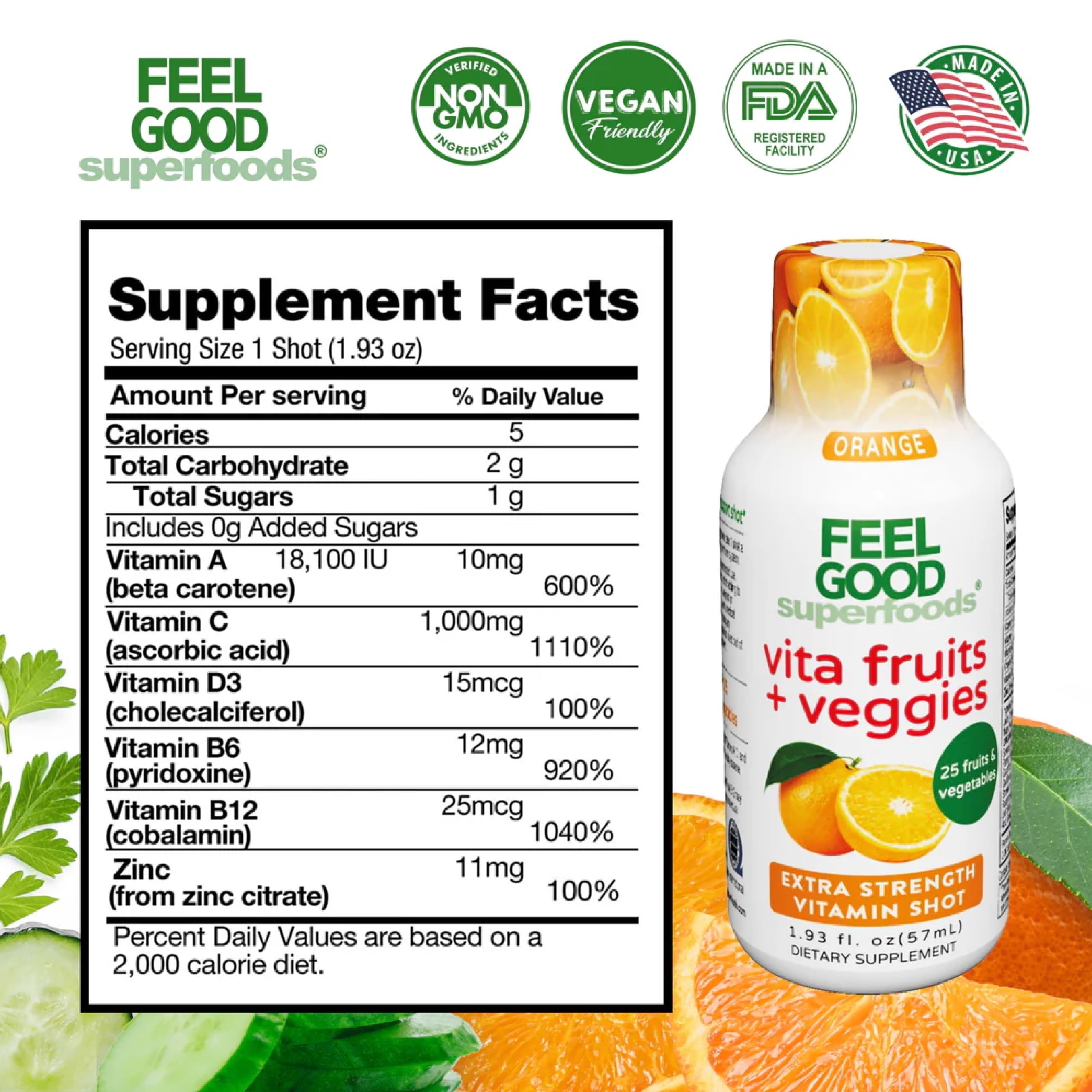 FeelGood Superfoods Vita Fruits et Veggies dose orange, étiquette claire et format pratique
