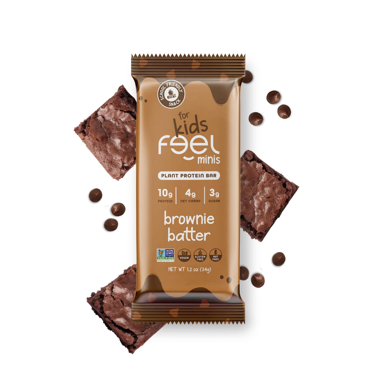 FEEL Feel Bar Minis saveur brownie, emballage coloré, collation pratique pour l'école.