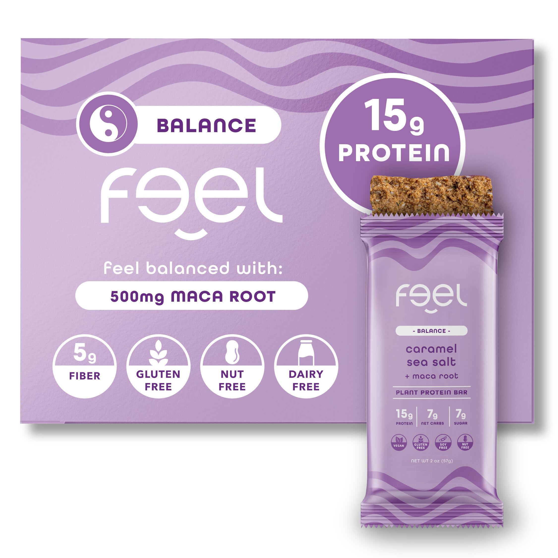 Barre FEEL vegan Vitalité maca en emballage, collation pratique et sans allergènes.