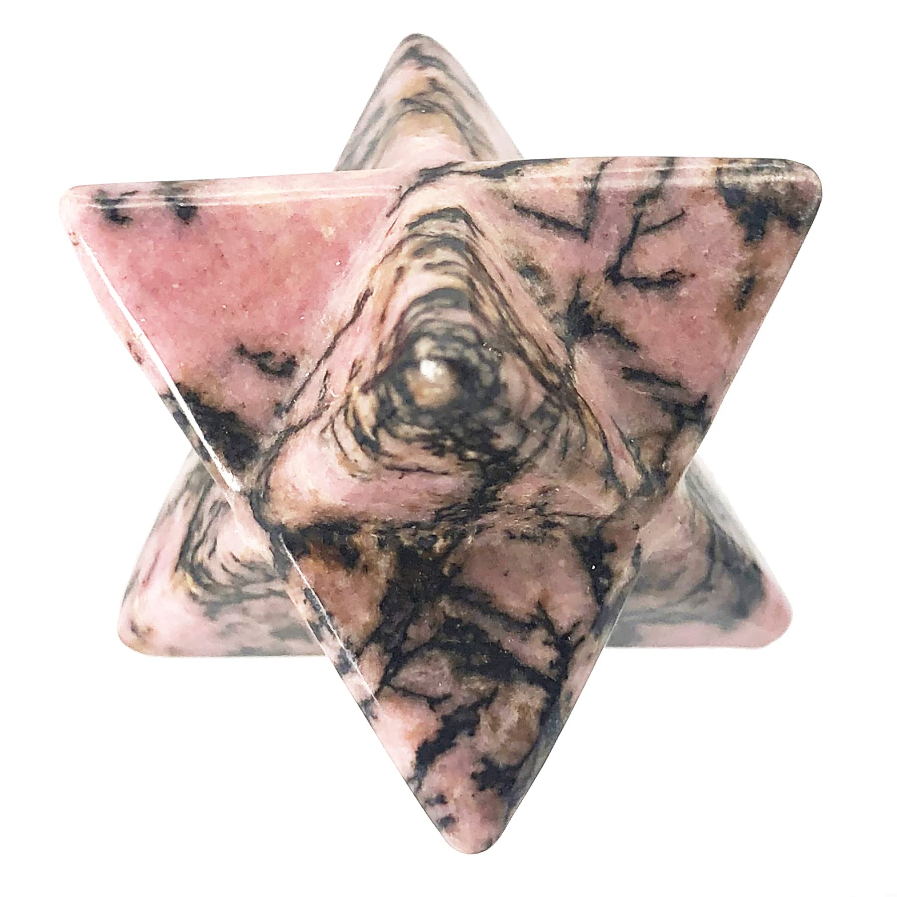 Fekuar Rhodonite Merkaba: vue face sur l'étoile et concentration.