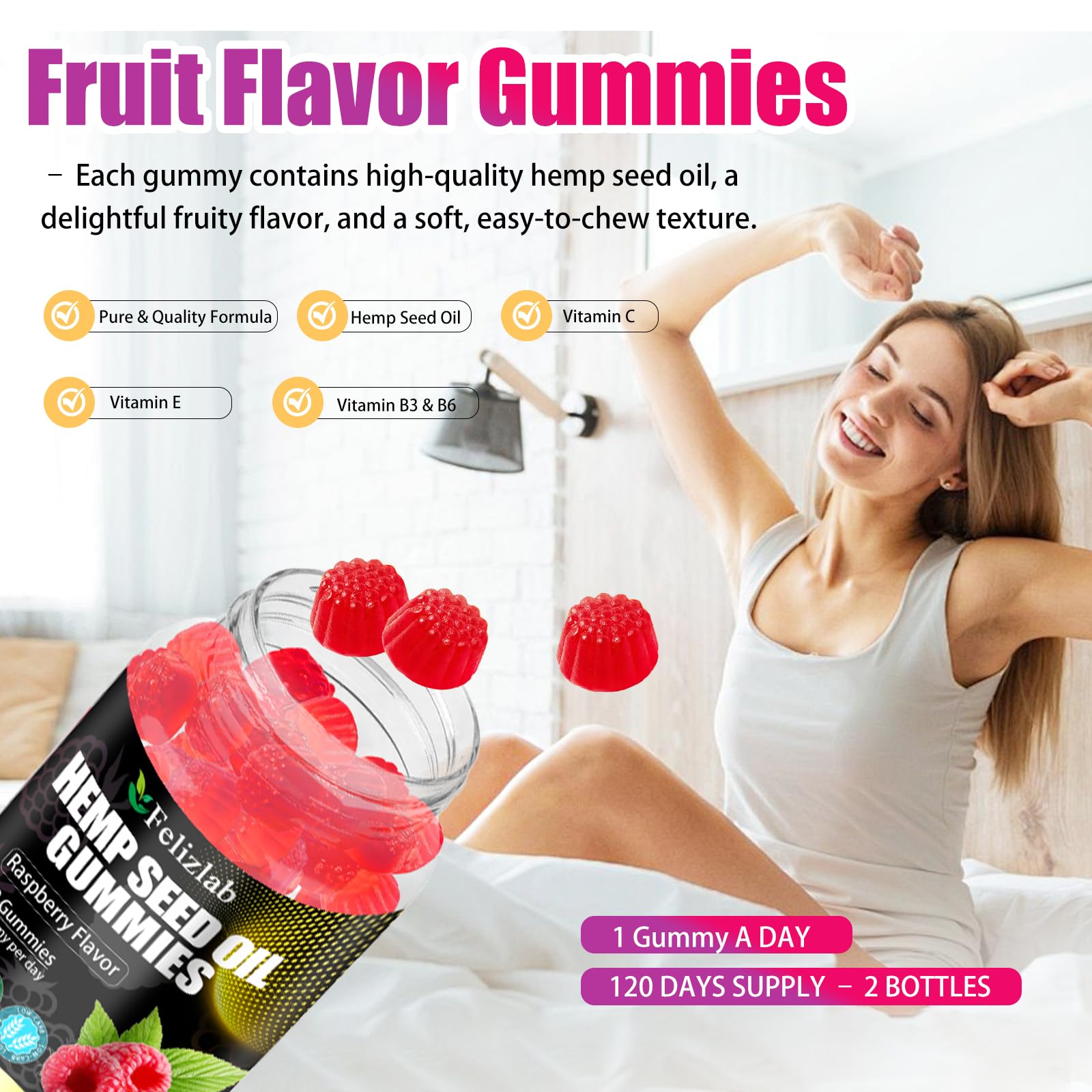 Gommes Felizlab Framboise, forme framboise, goût fruité agréable en journée.