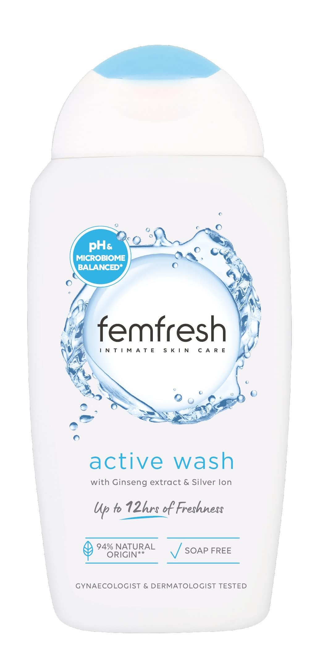 Bouteille Femfresh Lavage Intime Actif, fraîcheur durable et soin quotidien.
