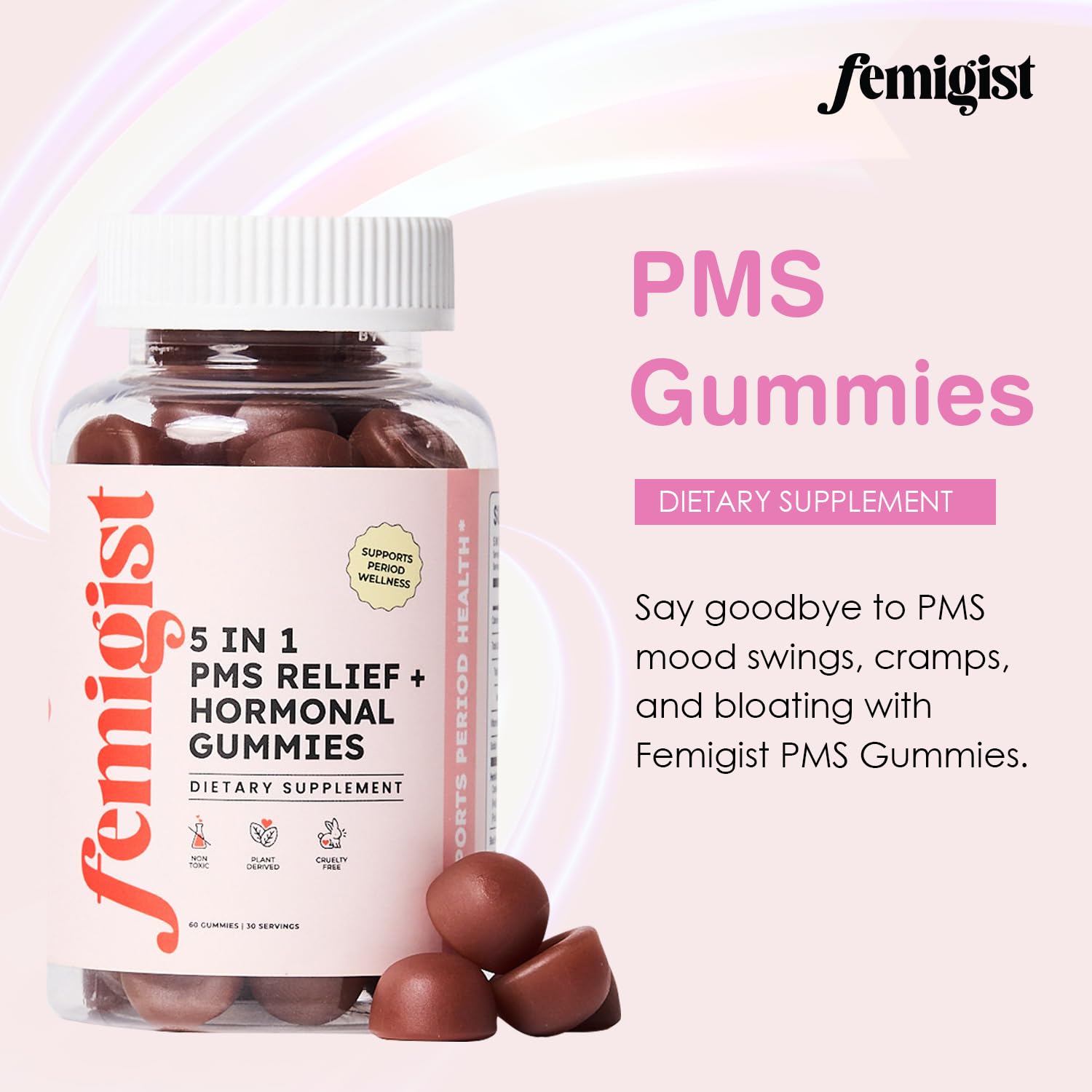 Paquet rose Femigist PMS Gummies, humeur plus stable possible.