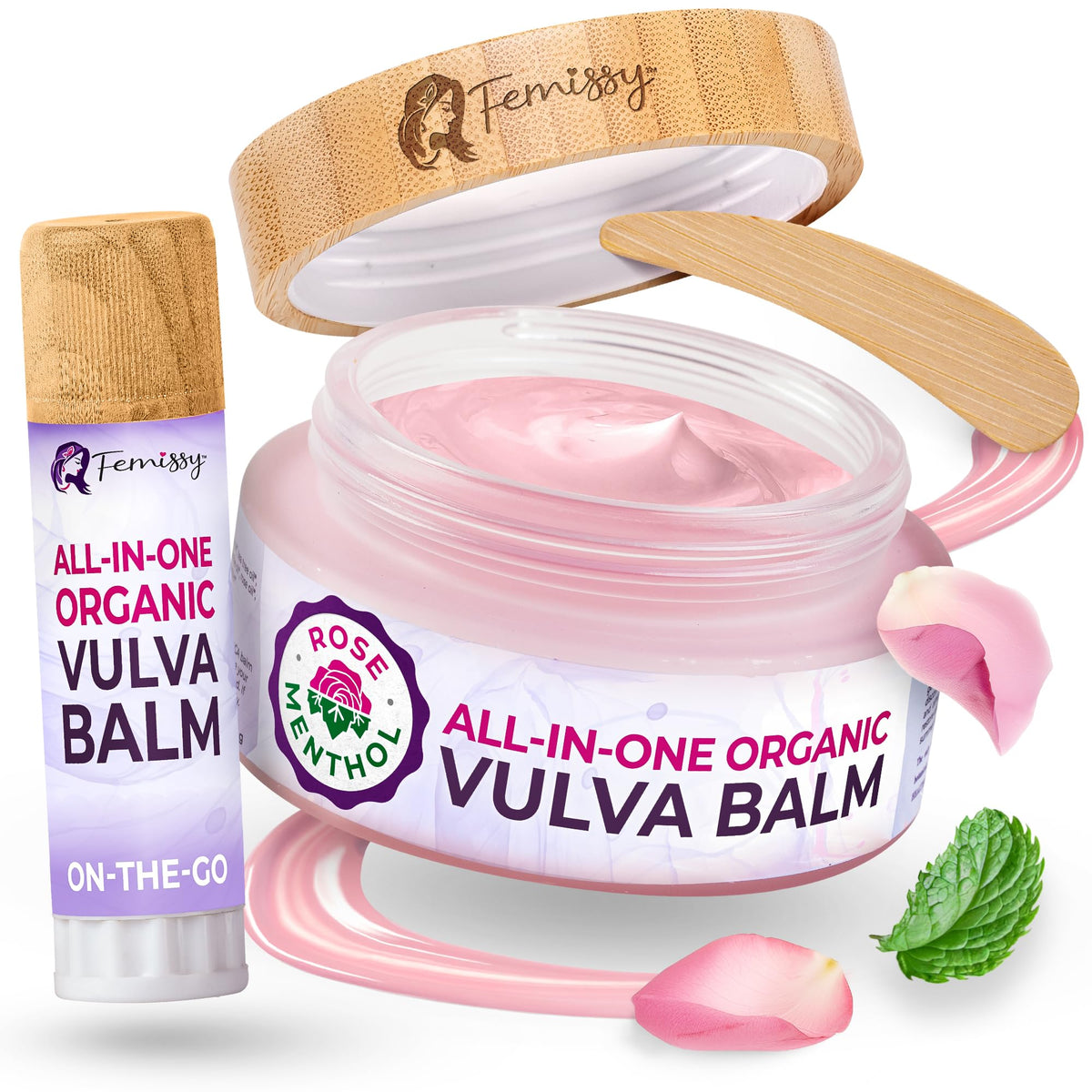 Baume vulva Femissy Rose et Menthe, bouteille prête à hydrater la peau sensible.