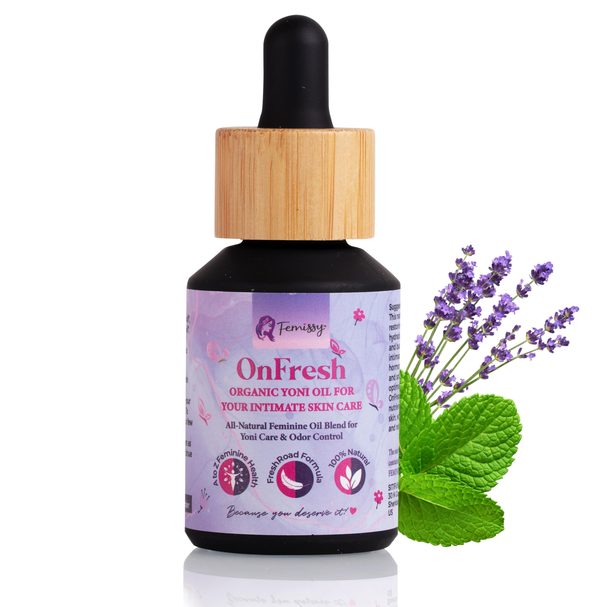Femissy Yoni Oil: bouteille en verre avec pipette, application précise et hydratation intime.