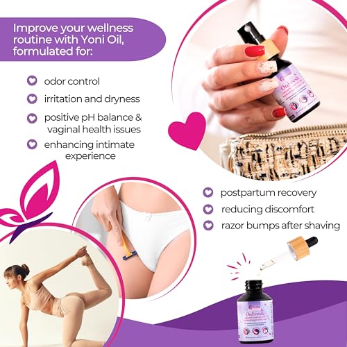 Femissy Yoni Oil: bouteille en verre et pompe, format pratique pour usage voyage.