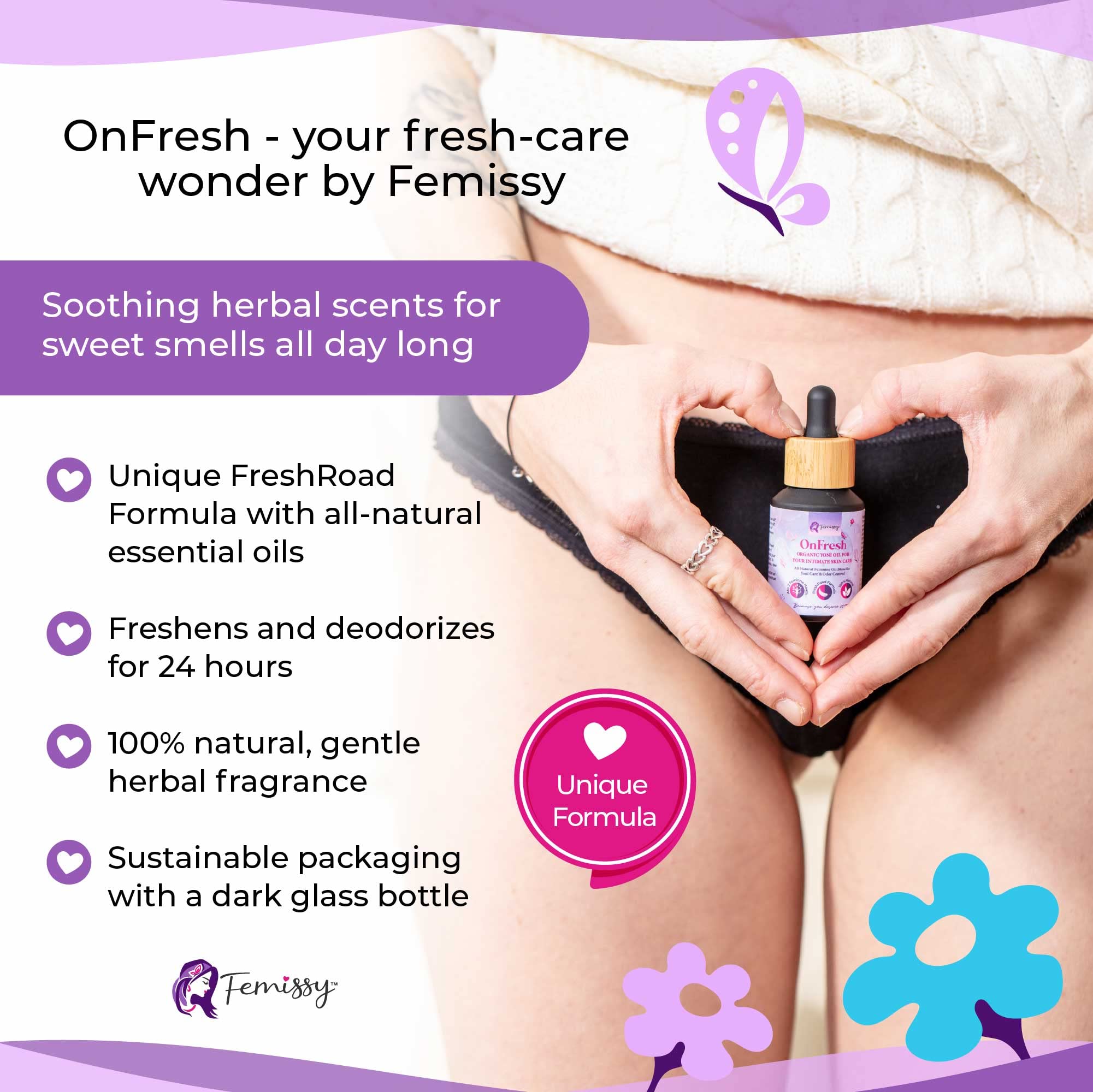 Femissy Yoni Oil: ingrédients magnolia, armoise, girofle et lavande pour hydratation et parfum.
