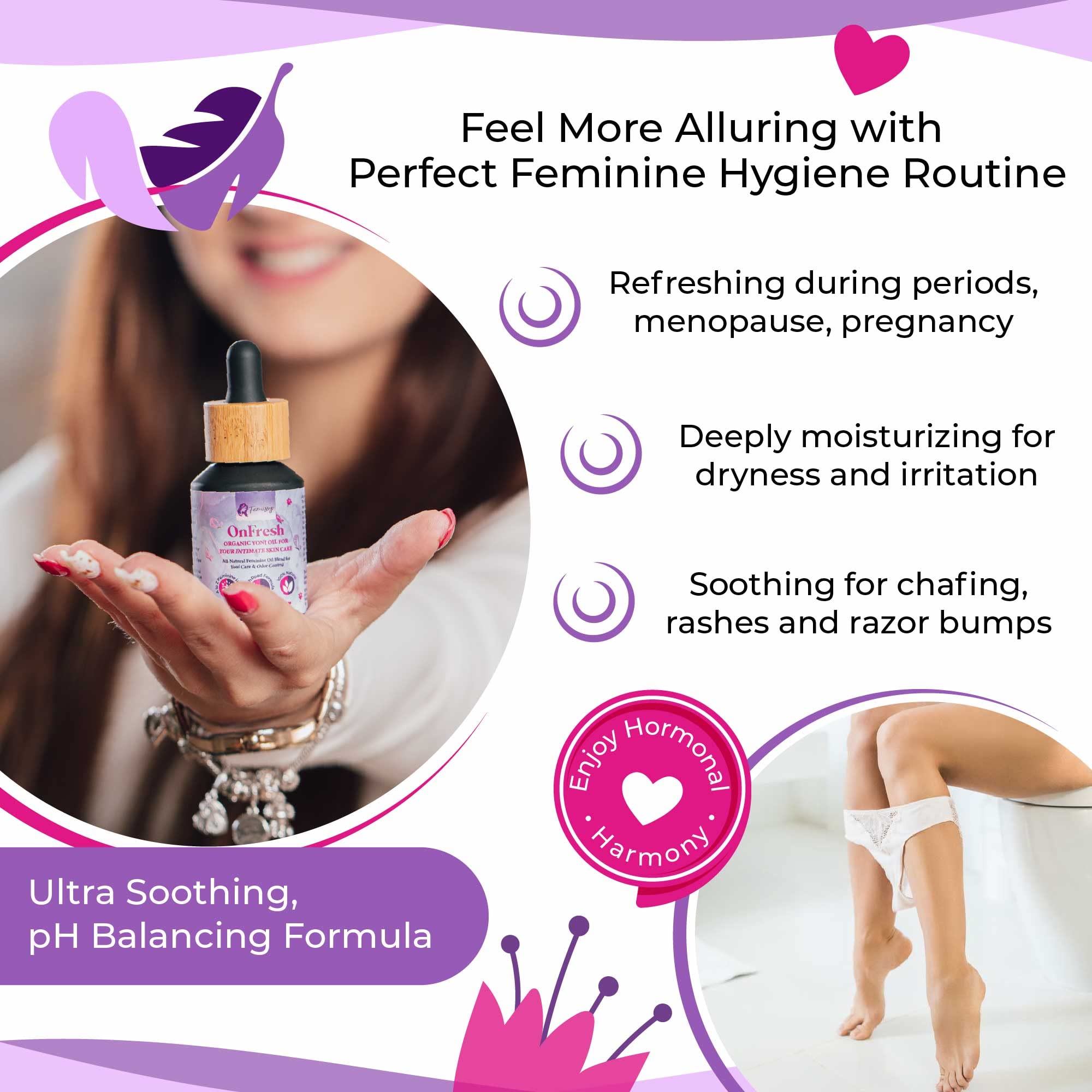 Femissy Yoni Oil: senteur herbacée naturelle et expérience sensorielle apaisante.