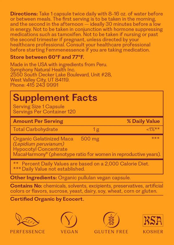 Femmenessence MacaHarmony – étiquette claire avec informations utiles.