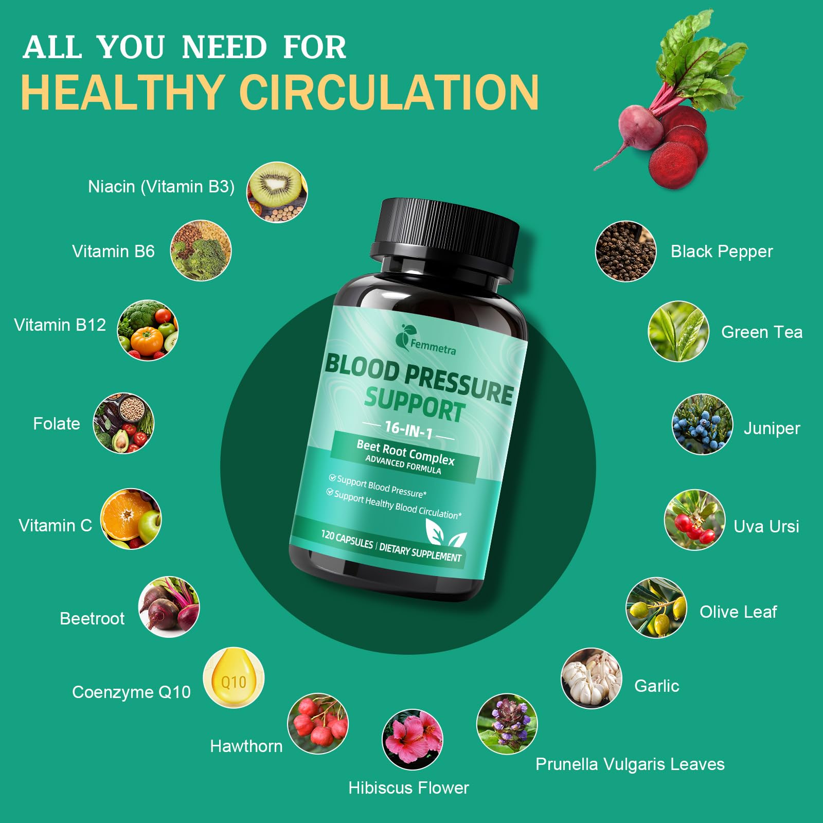 Capsules vegan Femmetra avec CoQ10 et hawthorn, soutien potentiel du bien-être cardio.