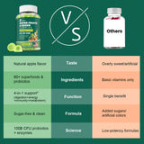 Femmetra gommes vertes avec 11 super-aliments et 19 fruits.