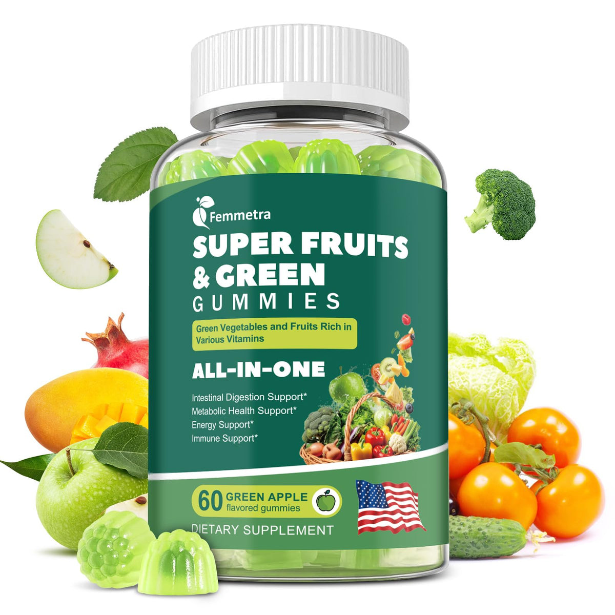 Femmetra gommes vertes 61-en-1: saveur pomme verte et nutrition pratique.