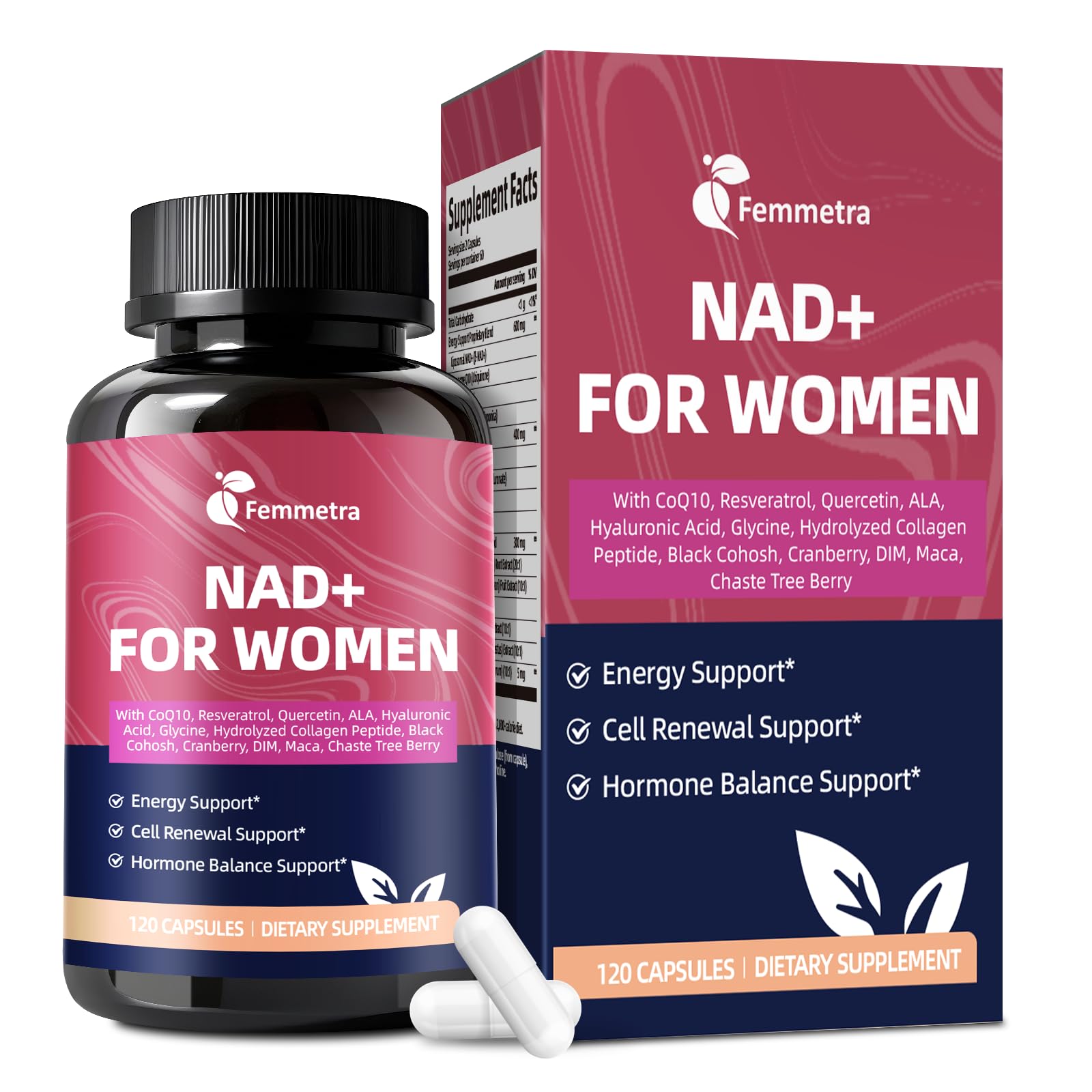 Capsules Femmetra NAD+ dans la bouteille, pour énergie et équilibre.