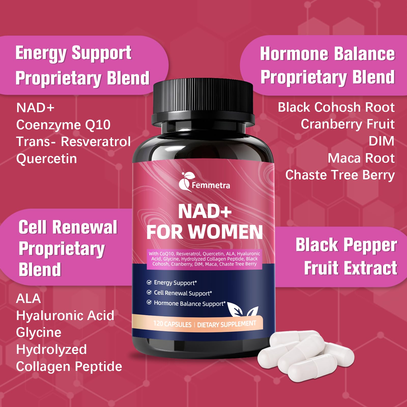 Capsules Femmetra NAD+ prêtes à être consommées pour routine quotidienne.