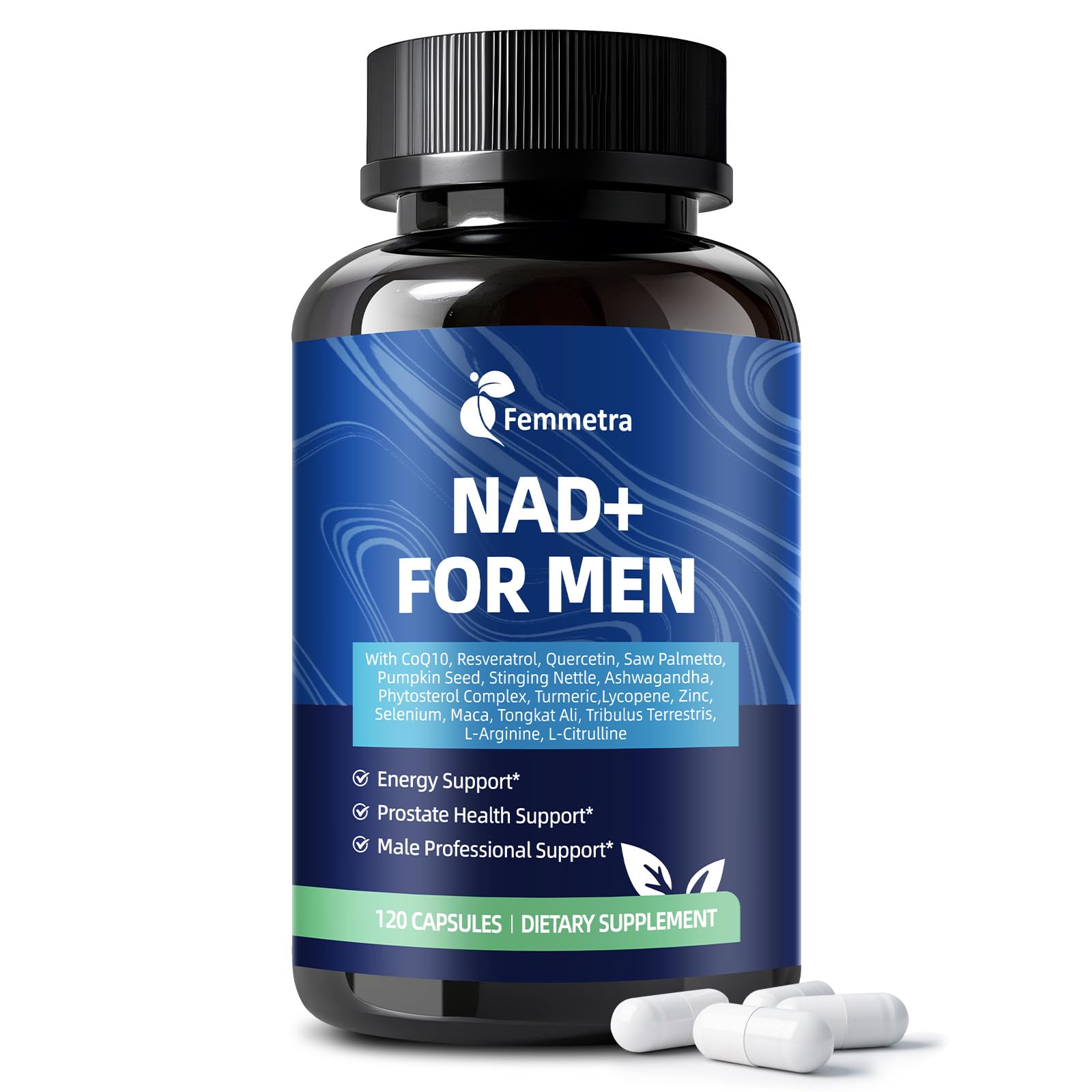 Bouteille Femmetra NAD+ pour homme, énergie potentielle et vitalité.