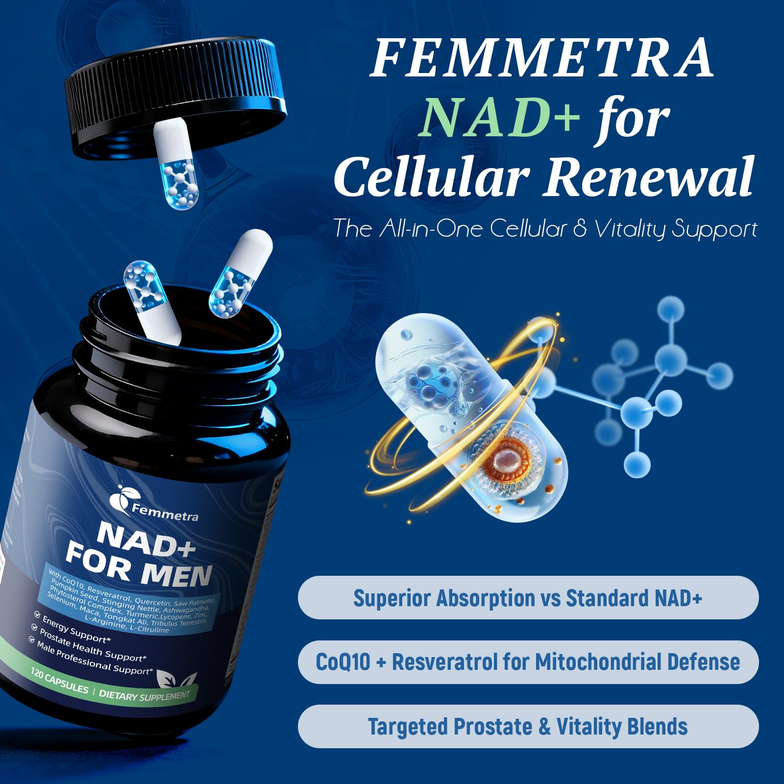 Étiquette produit Femmetra NAD+ affichant les ingrédients et le logo.