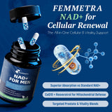 Étiquette produit Femmetra NAD+ affichant les ingrédients et le logo.