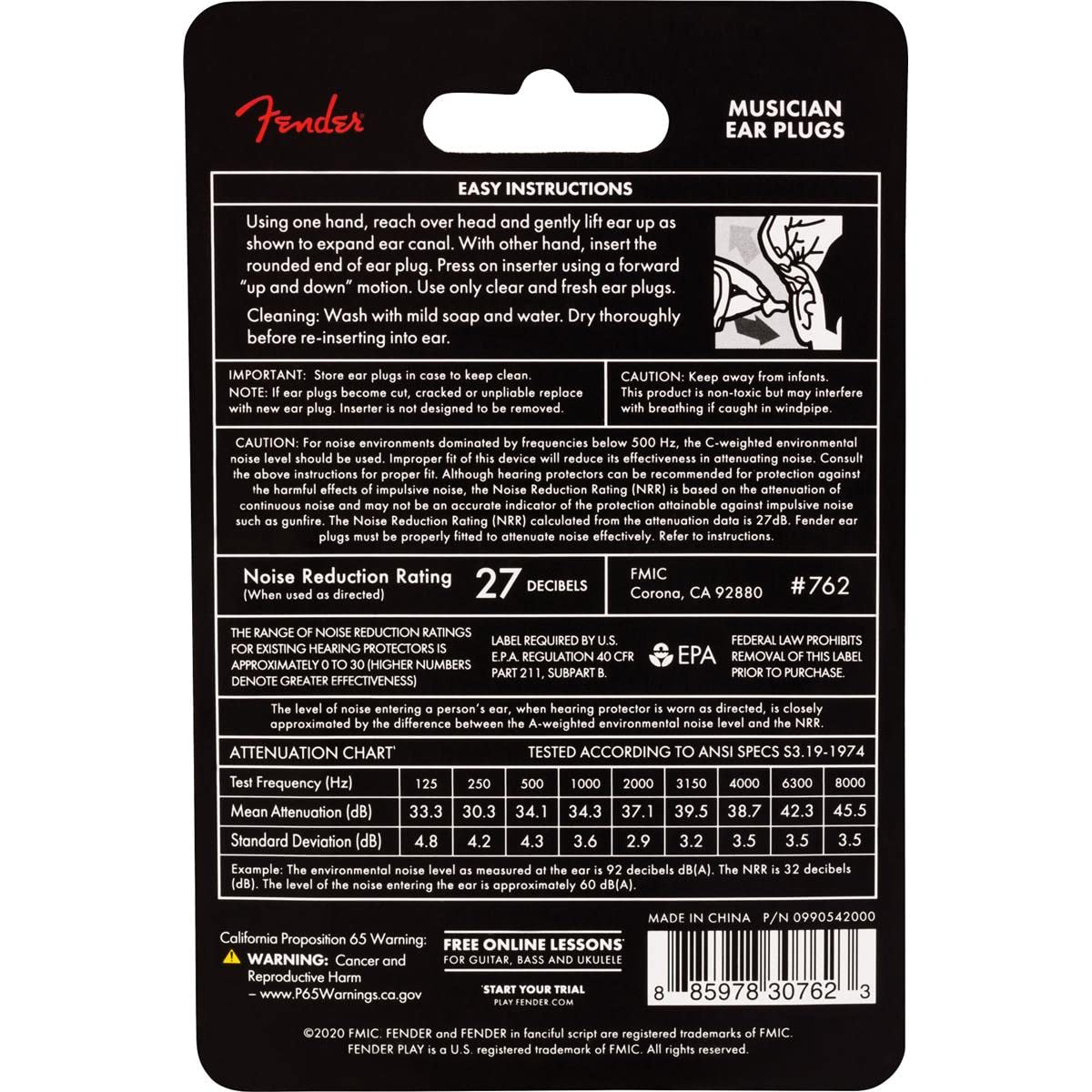 Fender Musician Series Bouchons d’oreilles noirs, vue produit et packaging.