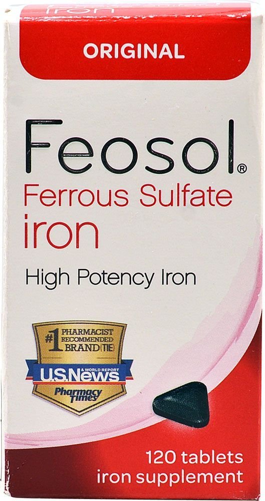 Flacon Feosol et tablettes de fer originales, pratique pour compléter l'apport quotidien.