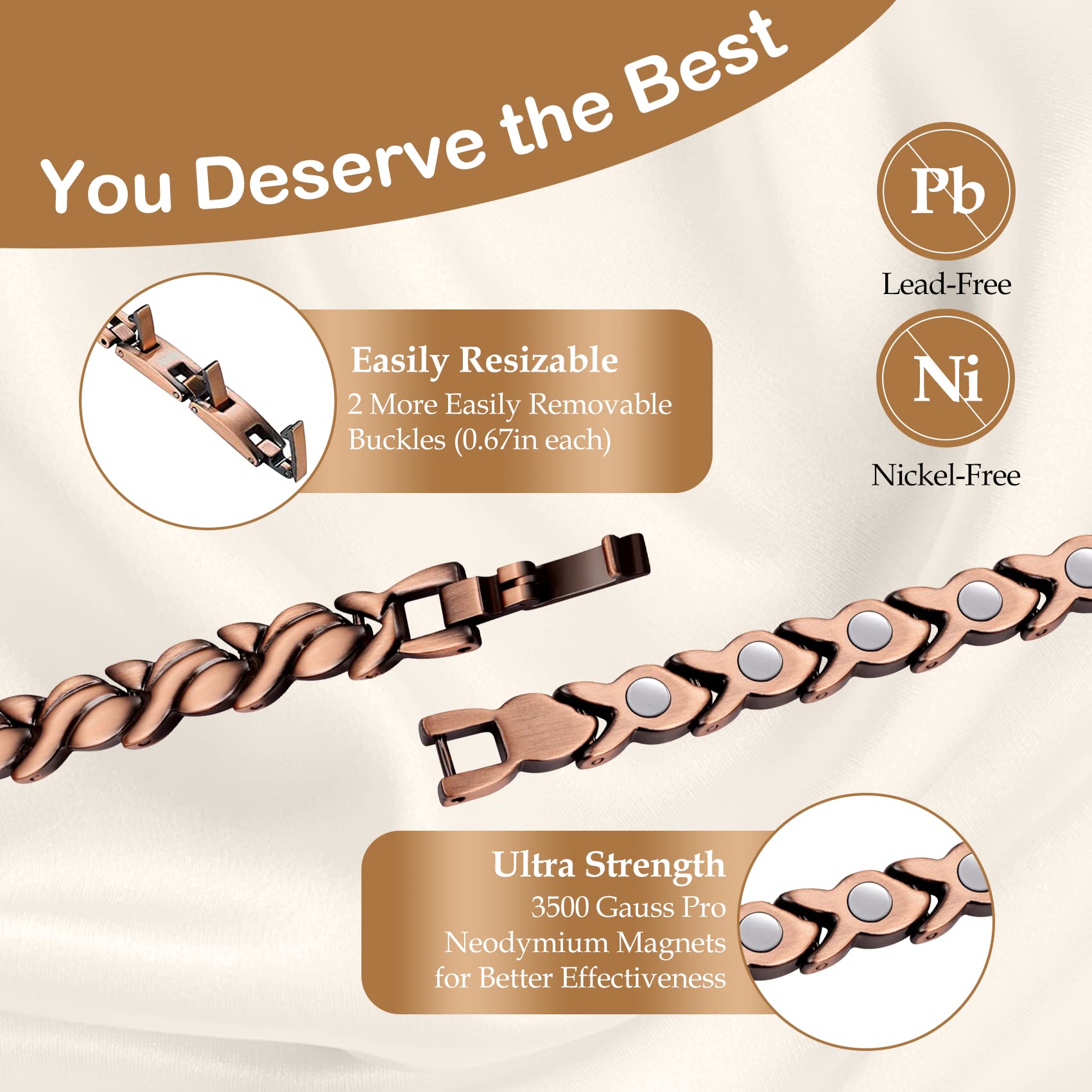 Bracelet cuivre ajustable Feraco avec outil de retrait pour personnaliser la taille.