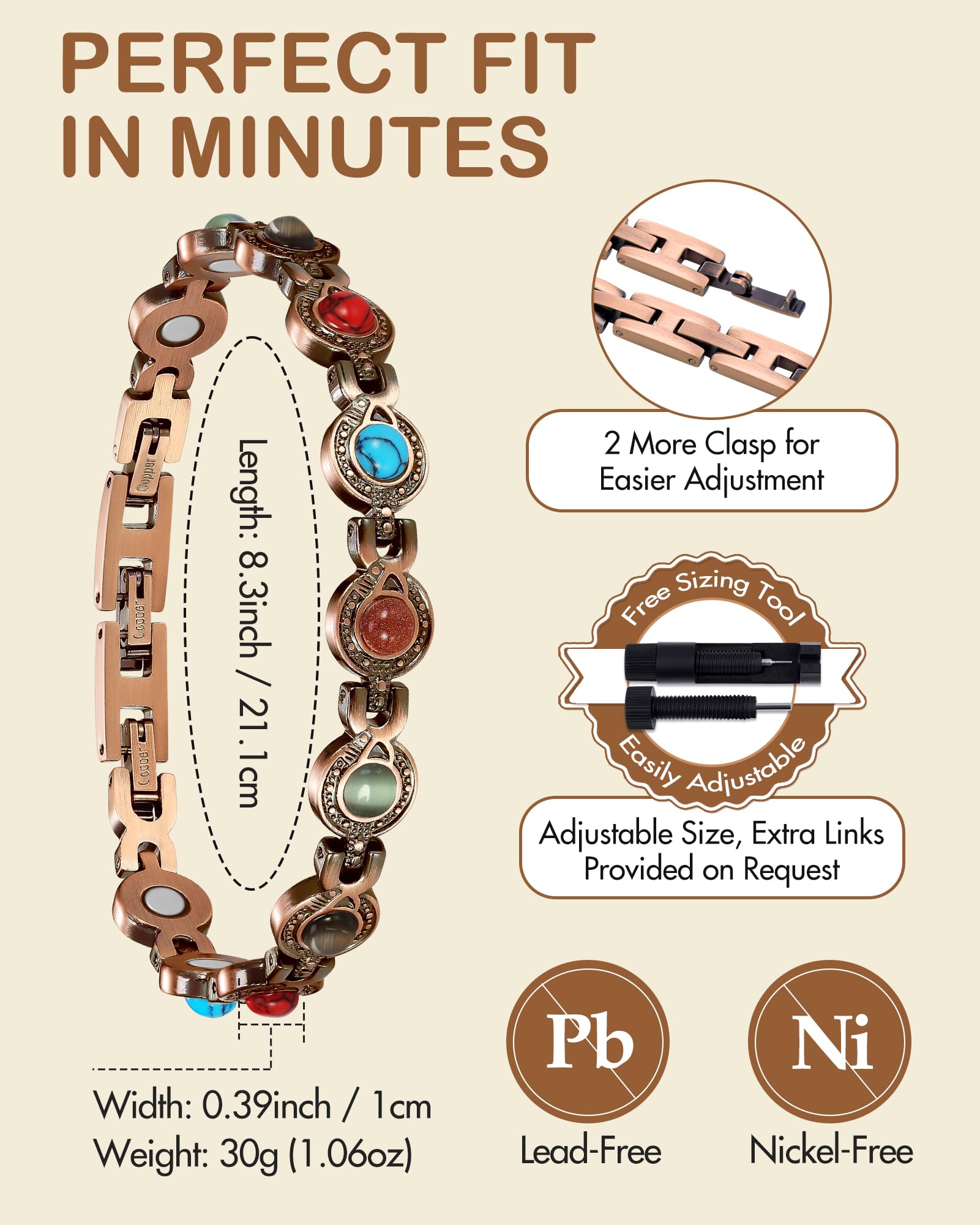 Feraco bracelet ajustable avec outil de dimensionnement inclus, ajustement rapide.
