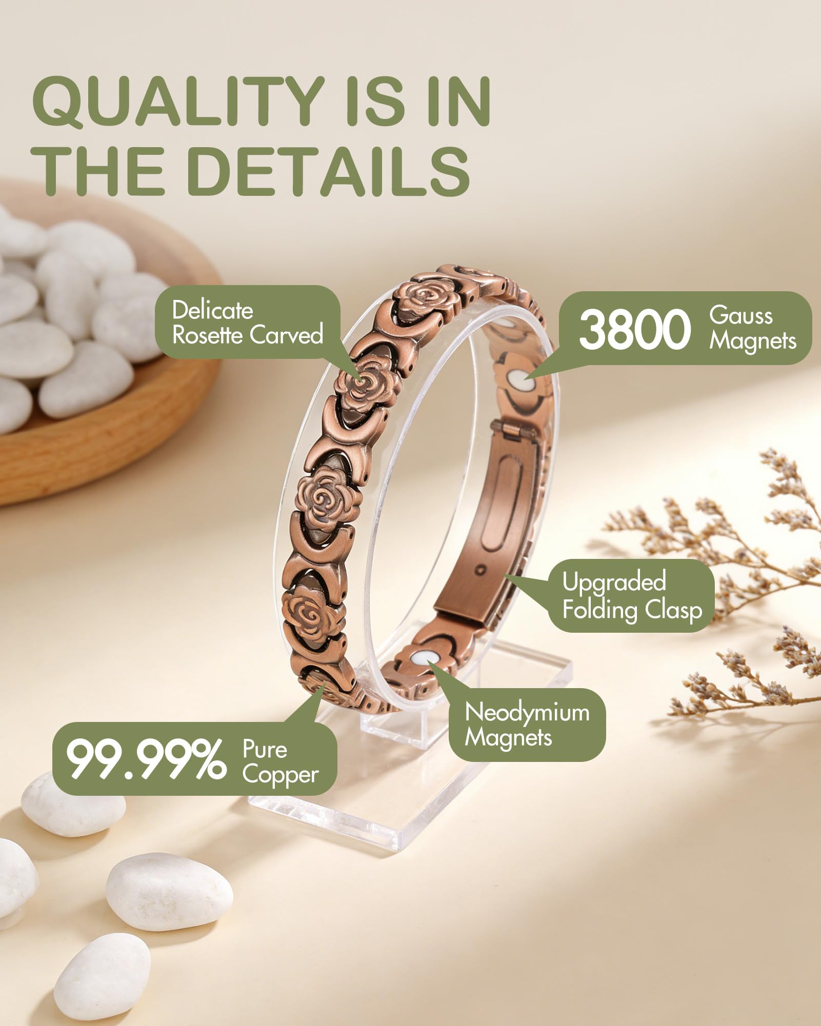 Feraco bracelet cuivre fermeture plis ajustable pour mise en place facile.