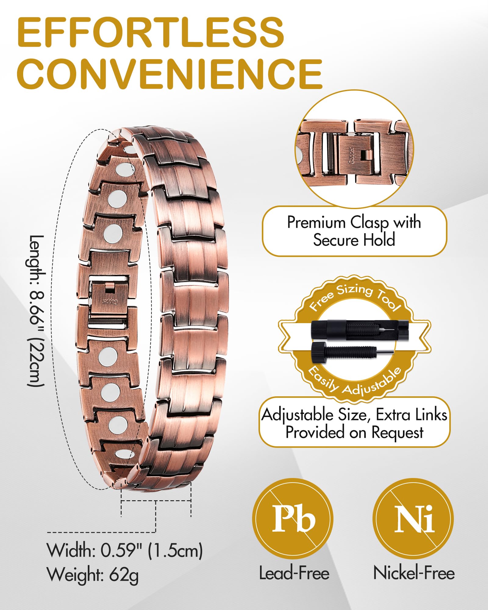Feraco bracelet cuivre homme, fermeture en acier 316L pour sécurité.
