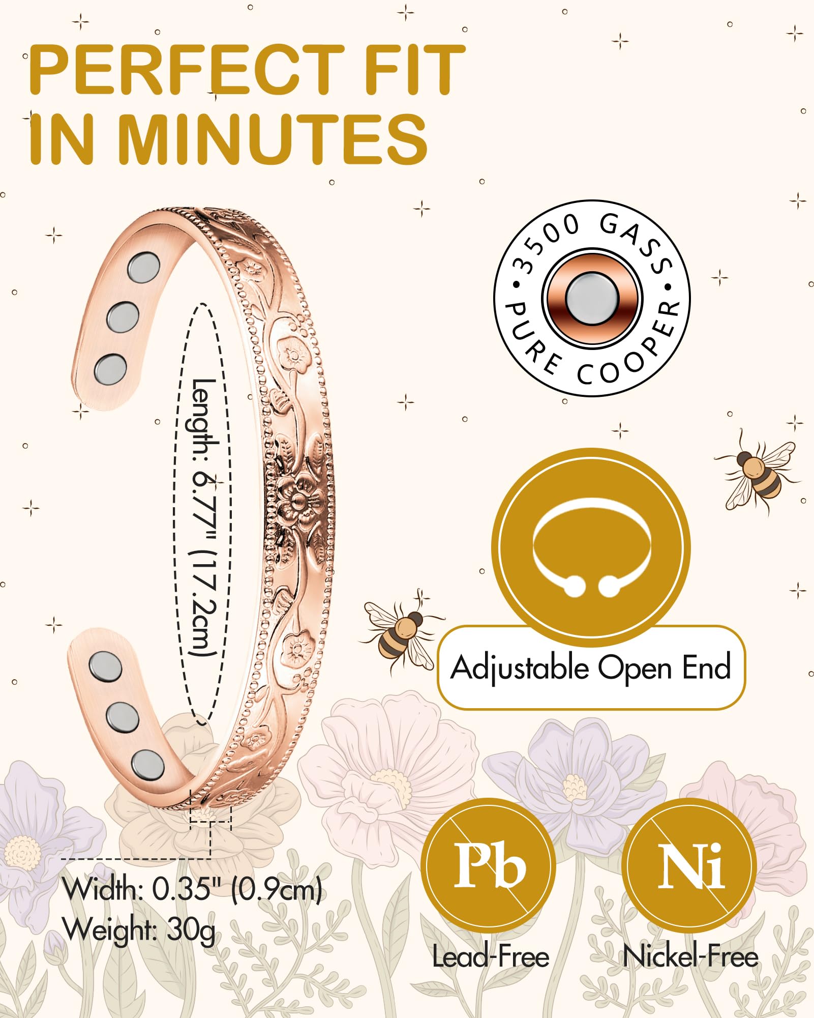 Feraco bracelet cuivre design vintage fleur, apparence romantique