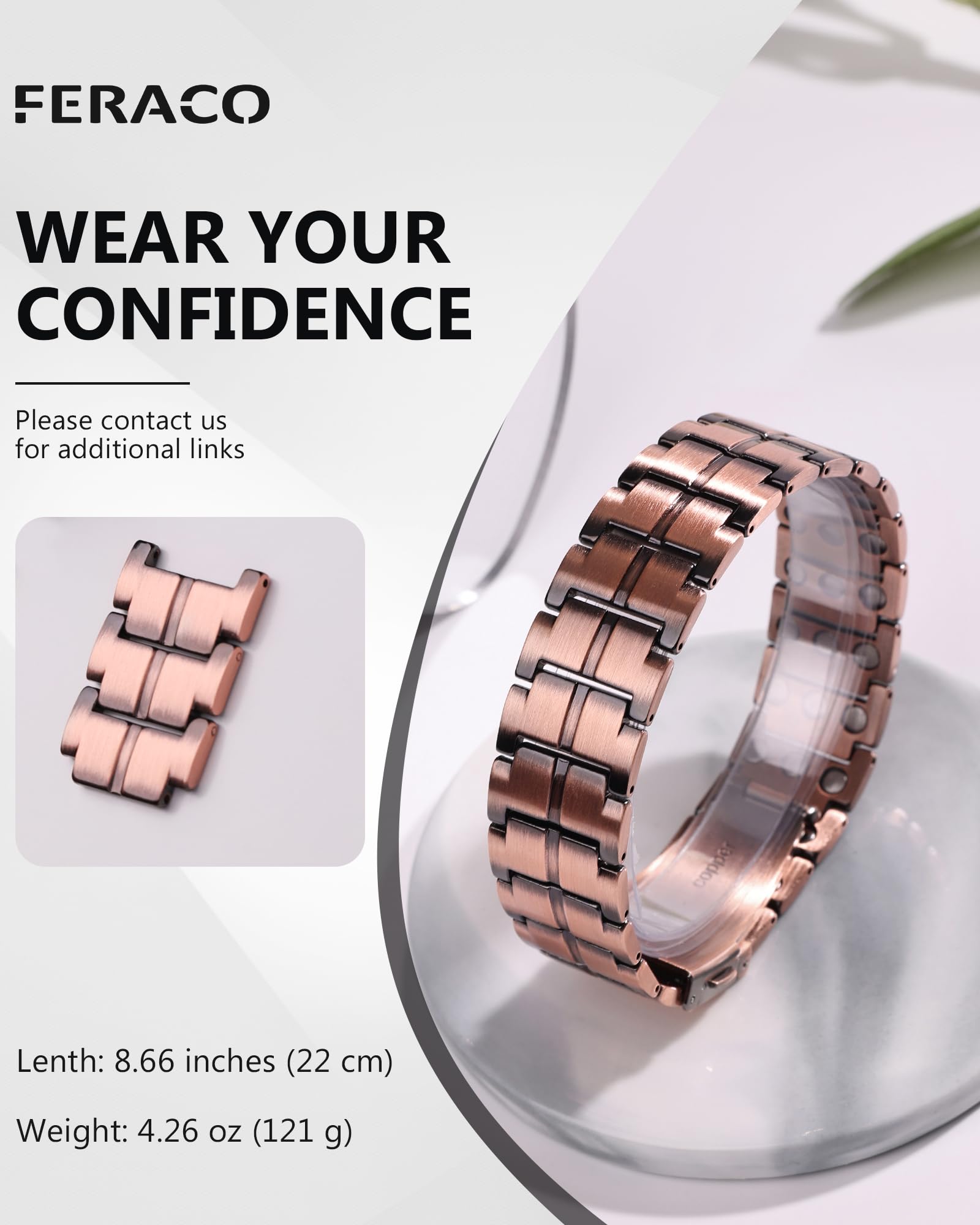 Feraco bracelet Cuivre 3x-force – premier plan des aimants, 57 éléments