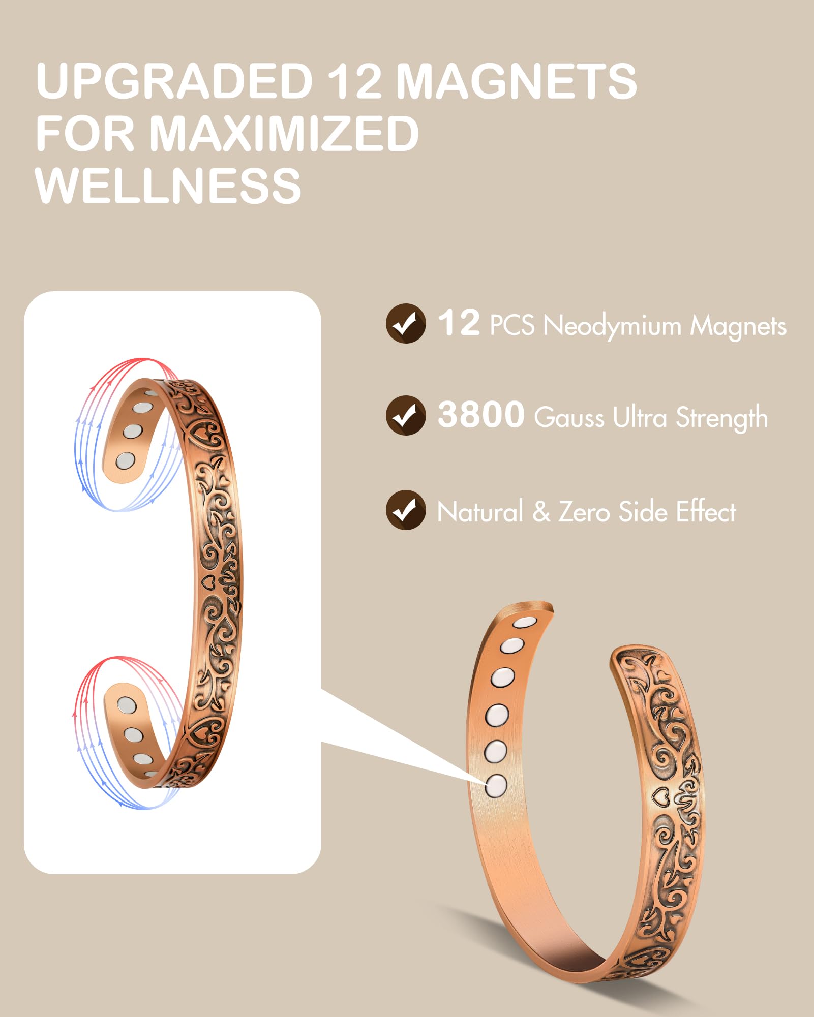 Feraco bracelet cuivre avec aimants 3800 gauss pour un confort potentiel.