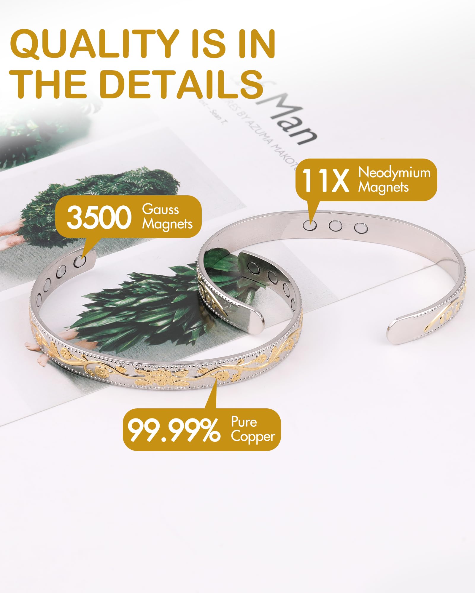 Feraco bracelet cuivre – onze aimants néodyme pour une présence magnétique pratique.