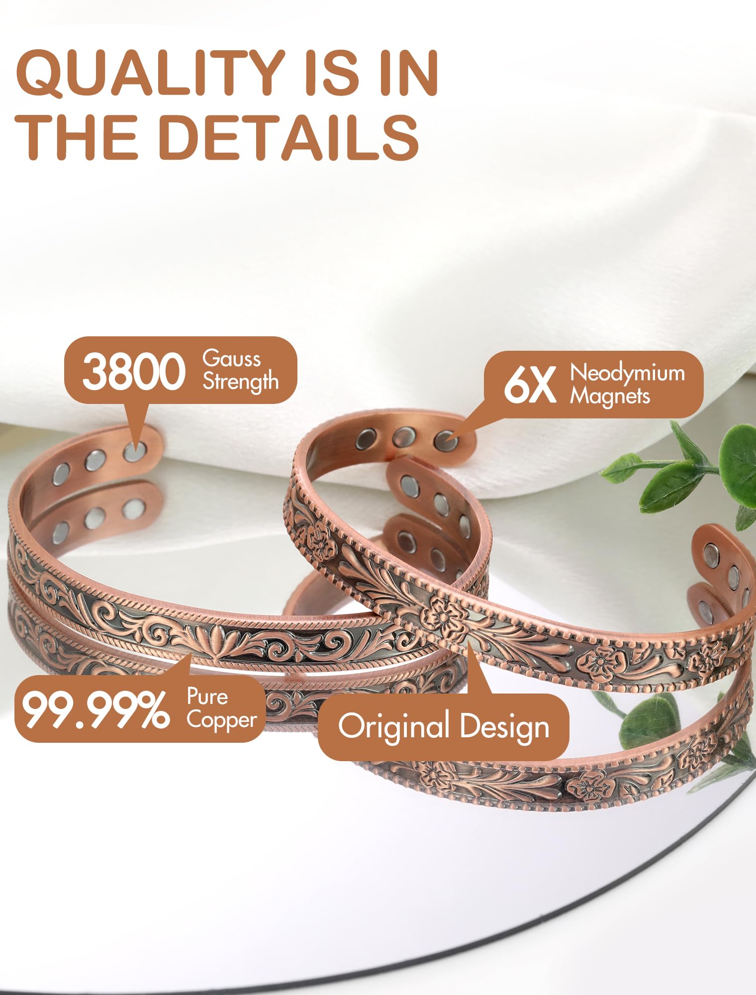 Feraco bracelet cuivre aimants neodymes, magnétique puissant pour un effet potentiellement apaisant.