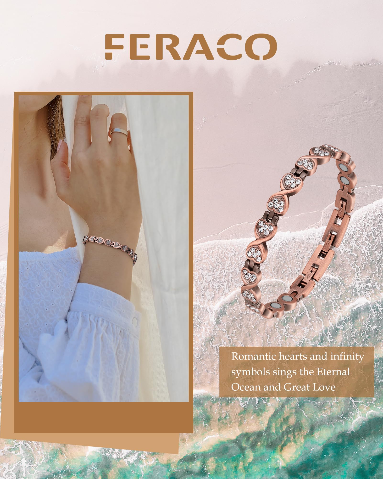 Feraco bracelet cuivre ajustable, outil de dimensionnement inclus pour ajustement précis.