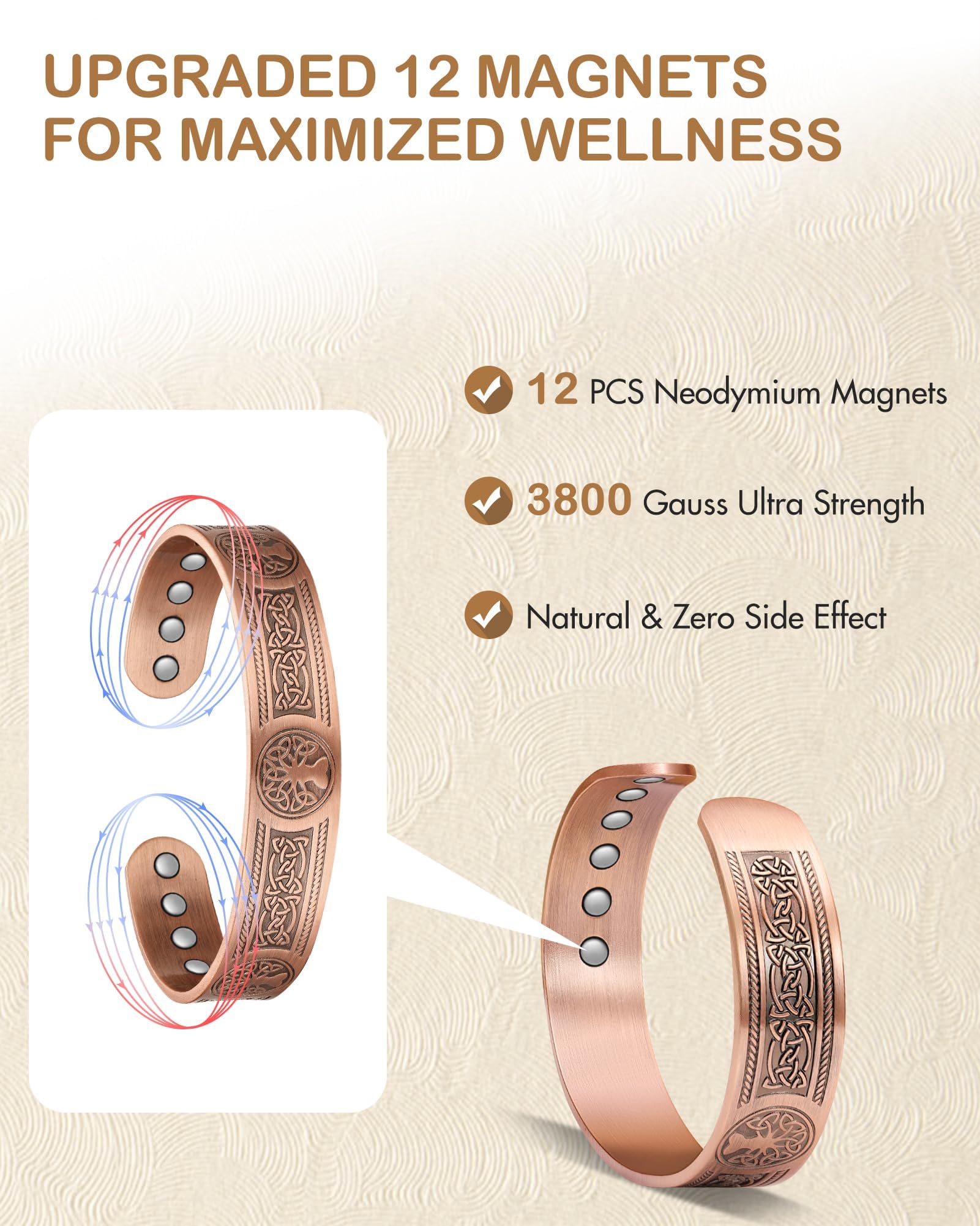 Feraco bracelet cuivre ajustable avec ouverture facile pour tous les poignets.