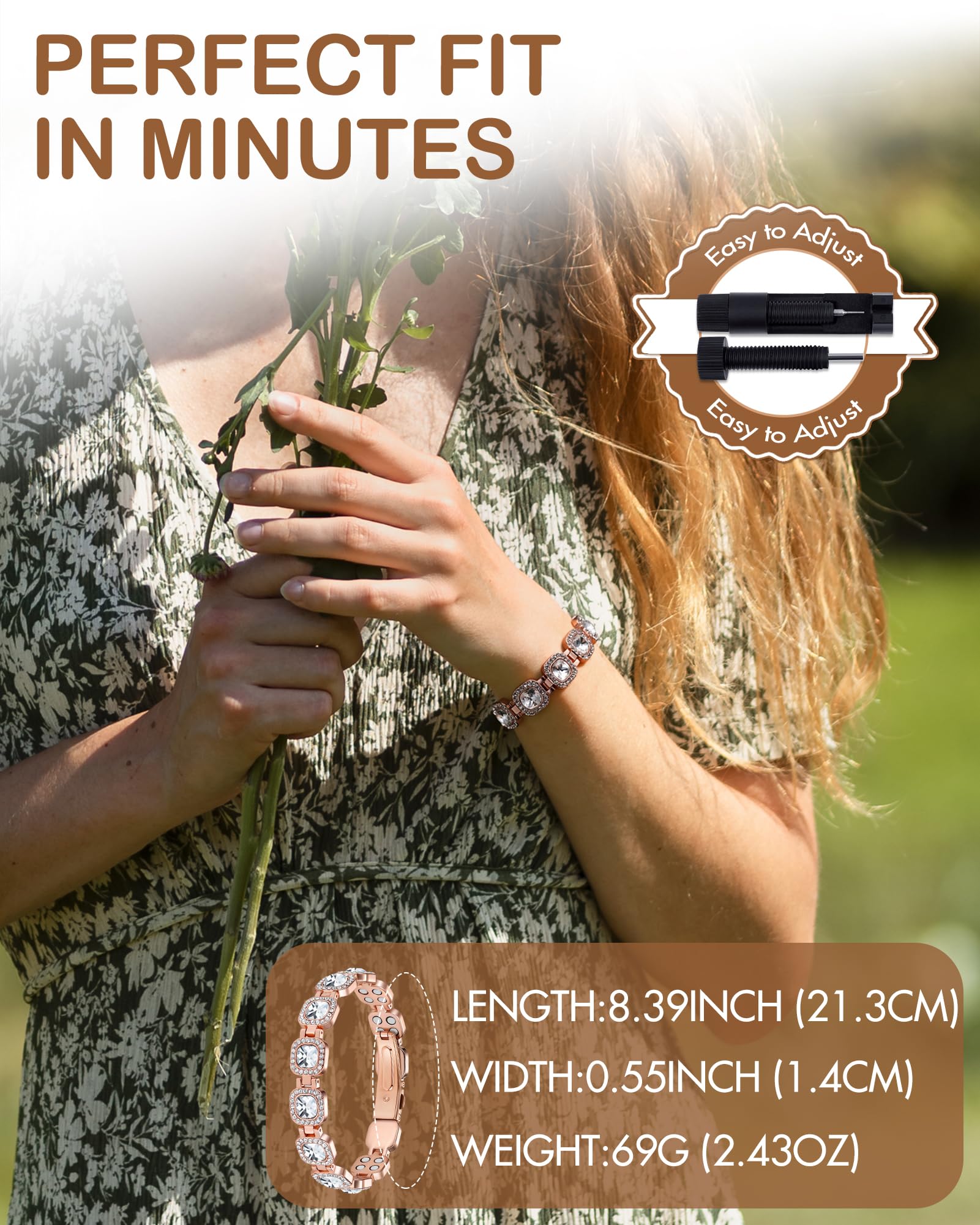 Feraco bracelet cuivre ajustable, outil de dimensionnement inclus pour un ajustement personnalisé.