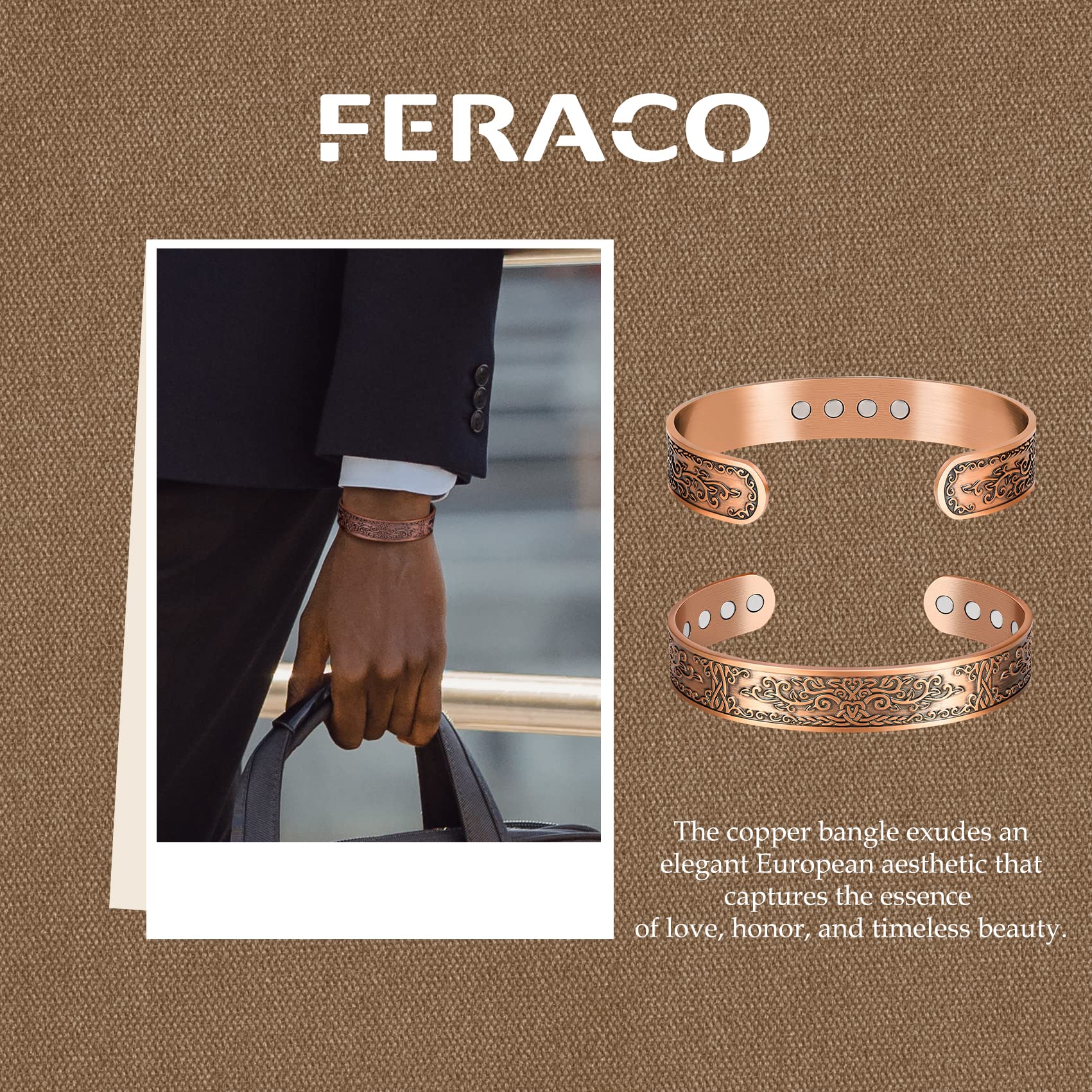 Feraco bracelet cuivre boucle ouverte pour ajustement rapide.