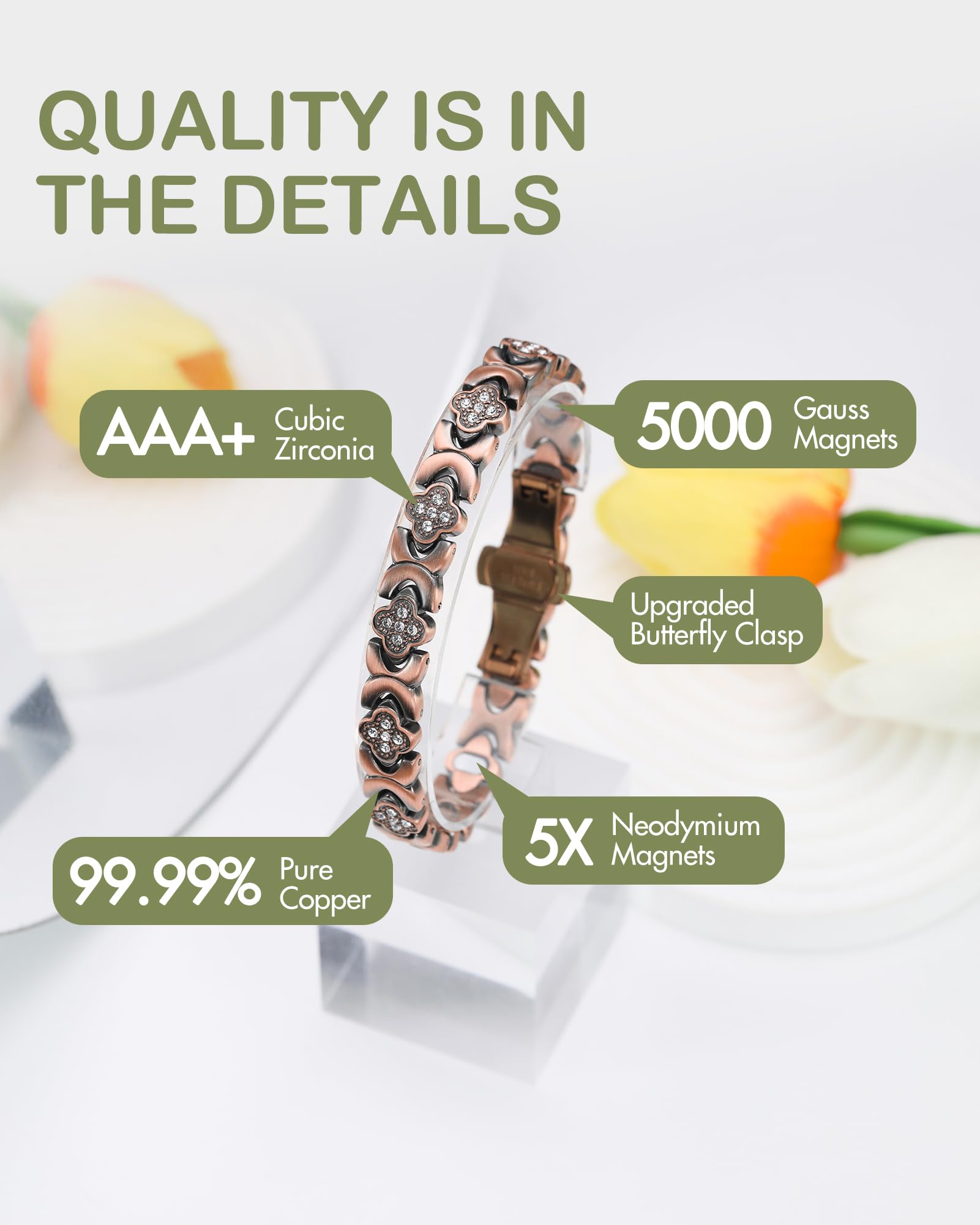 Feraco bracelet-cuivre, boucle papillon ameliorée pour enfiler facilement.