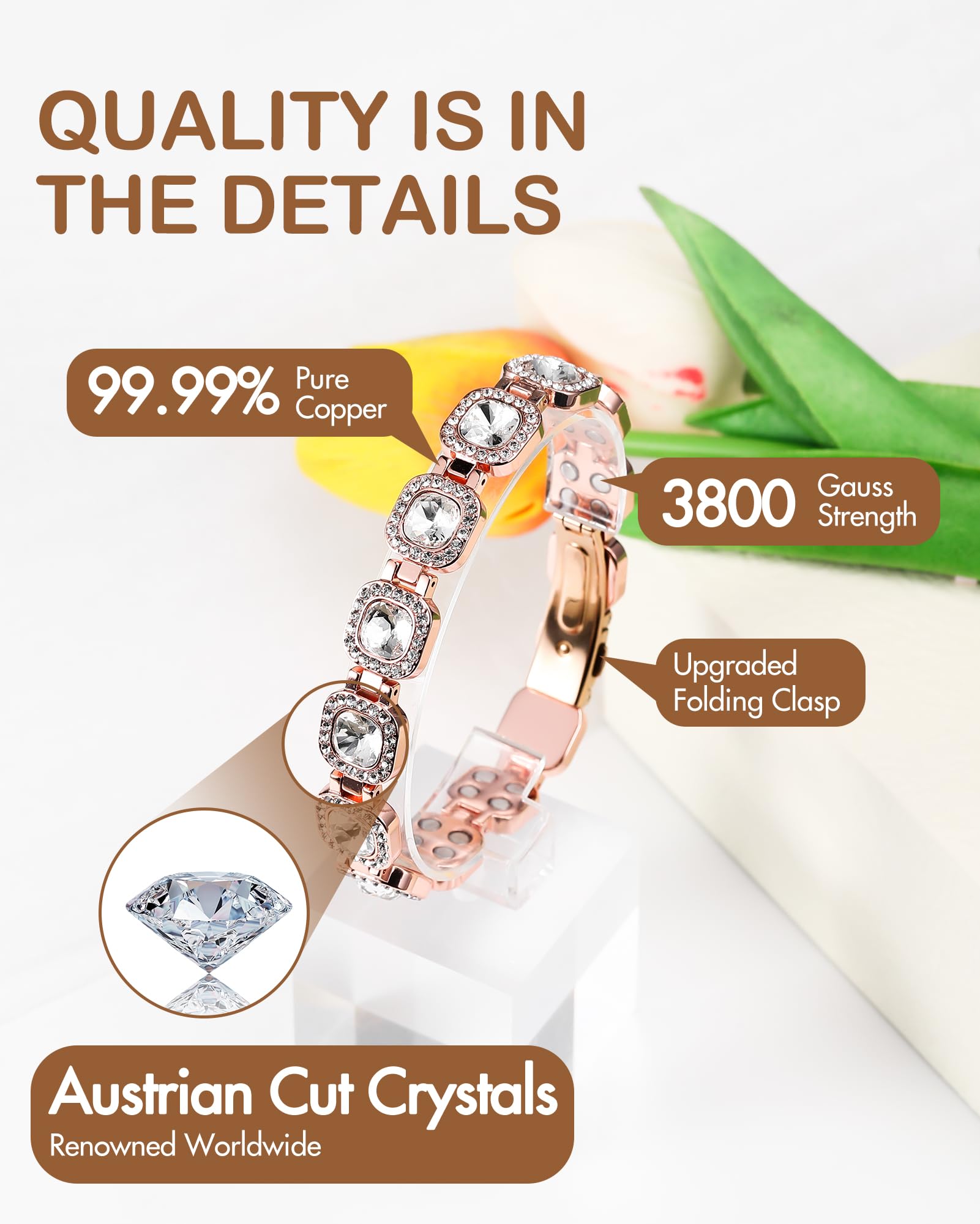 Feraco bracelet cuivre avec cristaux autrichiens, éclat scintillant et luxueux.