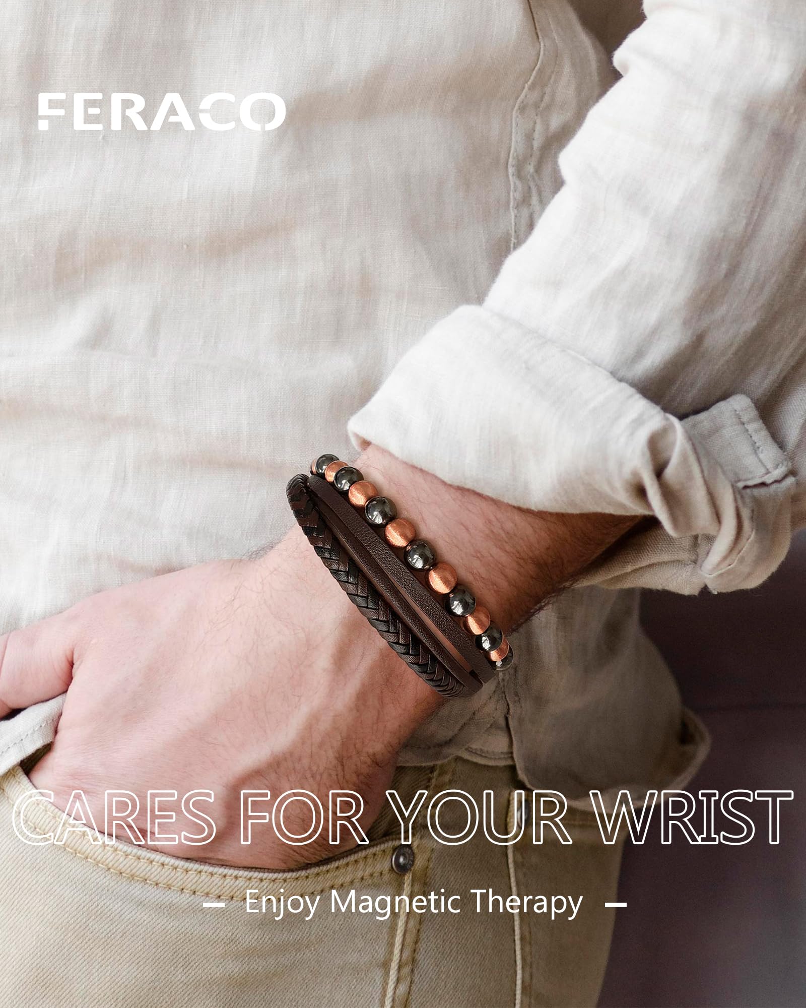Feraco bracelet cuivre cuir tressé, ensemble polyvalent pour décontracté ou formel.