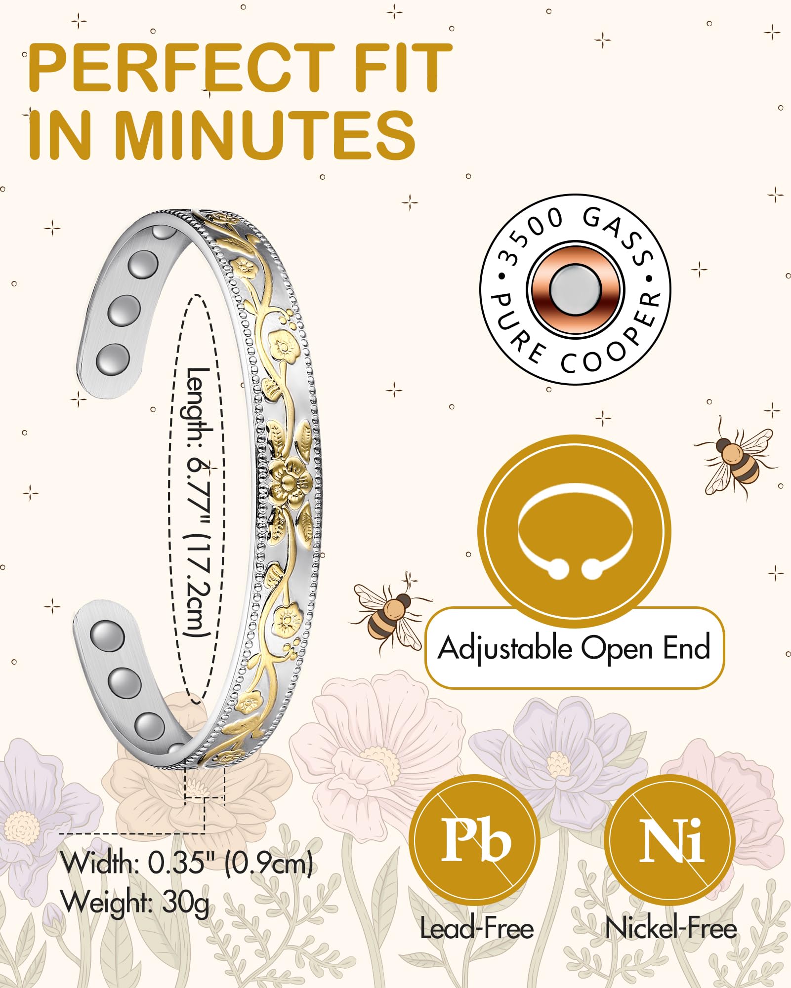 Feraco bracelet cuivre motif fleur-prunier – style vintage raffiné.
