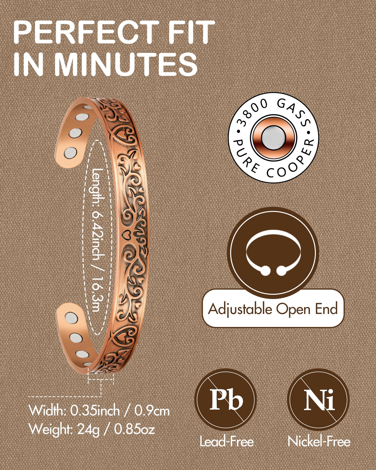Feraco bracelet cuivre détails arbre et cœur symboliques.